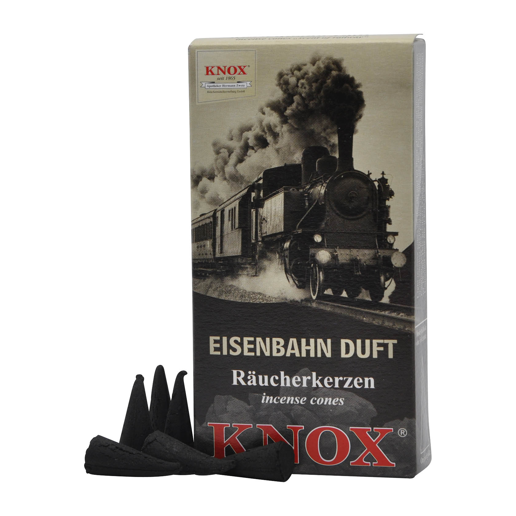 Eine Packung KNOX Räucherkerzen mit dem Aufdruck 'Eisenbahn Duft', zeigt einen alten Dampflok-Zug im Schwarz-Weiß-Design. Vor der Packung stehen vier schwarze Räucherkerzenkegel, einer brennt. im Dregeno Online Shop günstig kaufen