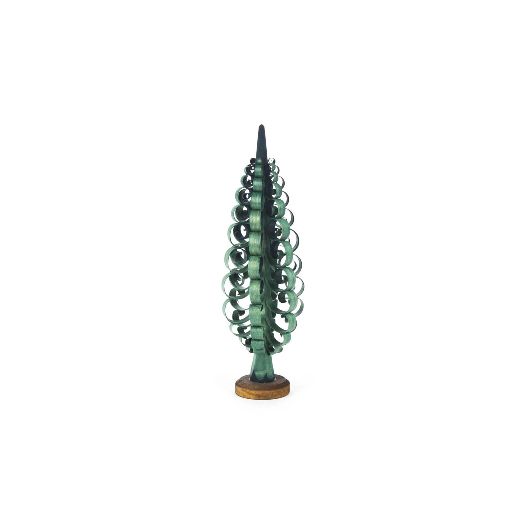 Ein grüner Spanbaum, 16 cm hoch, mit spiralförmigen Zweigen auf einem kleinen runden Holzsockel. im Dregeno Online Shop günstig kaufen