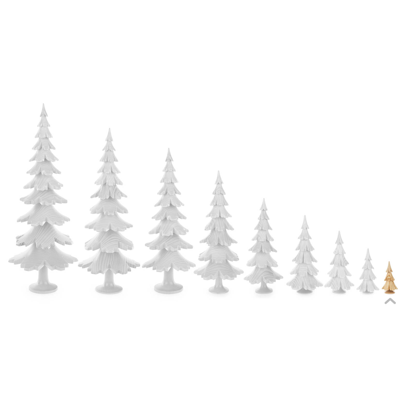 Nine white decorative wooden trees of varying sizes, aligned from largest on the left to smallest on the right, placed on a white background.