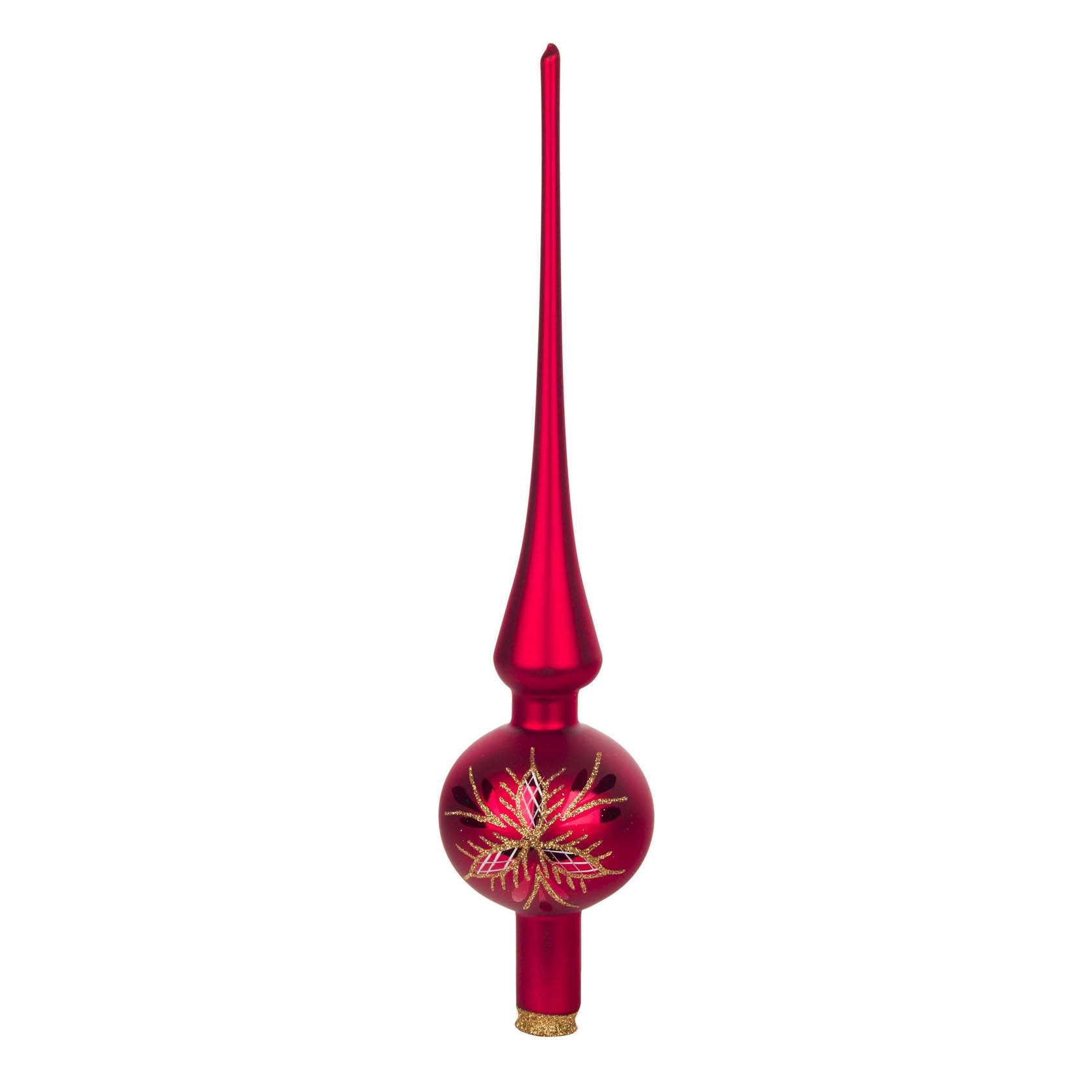 Rote, mattierte Baumspitze aus Thüringer Christbaumschmuck mit Waffelmuster und blattartiger Verzierung, 27 cm lang. im Dregeno Online Shop günstig kaufen