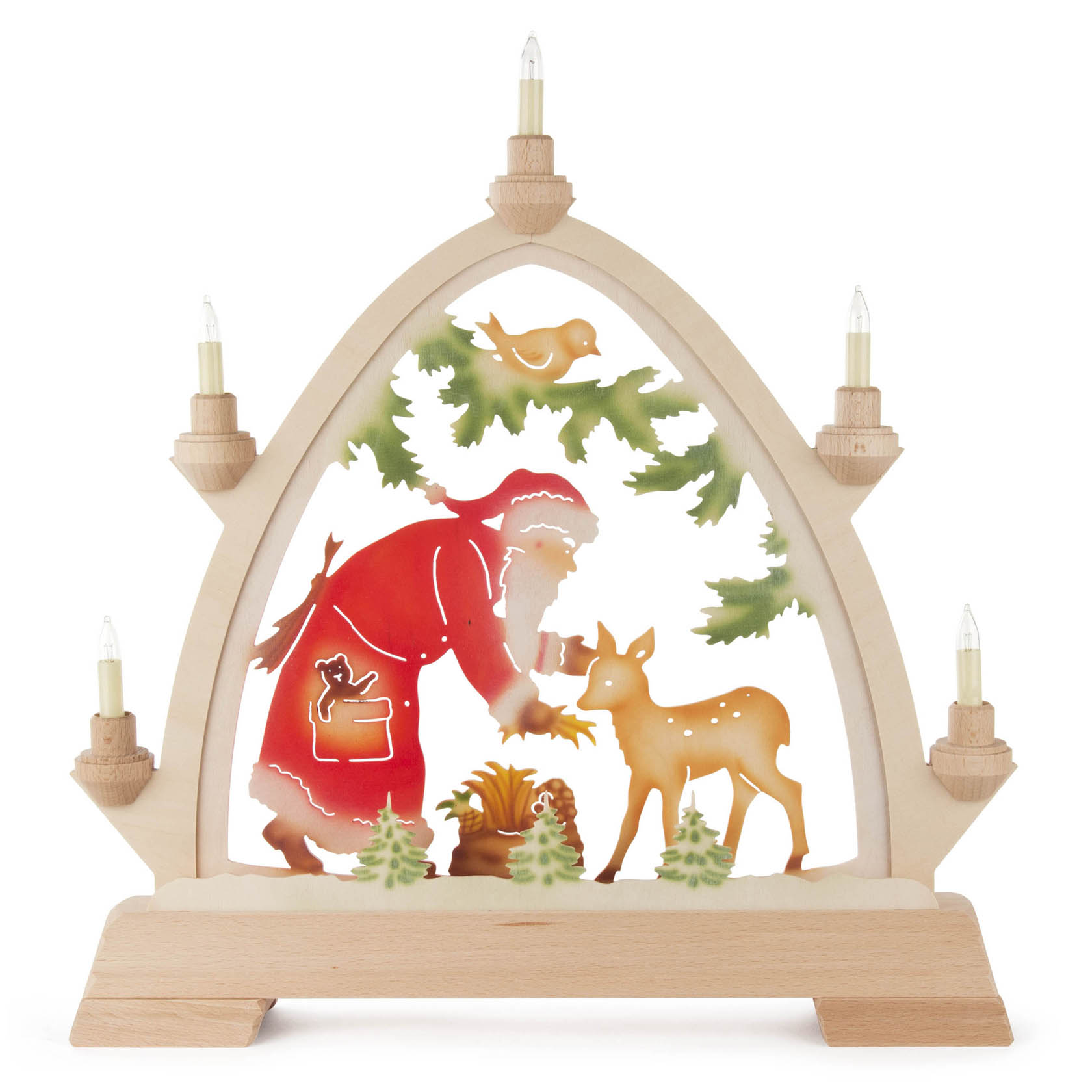 Ein beleuchteter Rundbogen zeigt einen Weihnachtsmann mit einem Geschenkesack, der einem Reh eine Möhre gibt. Darunter kleine Tannenbäume, darüber Tannenzweige. im Dregeno Online Shop günstig kaufen
