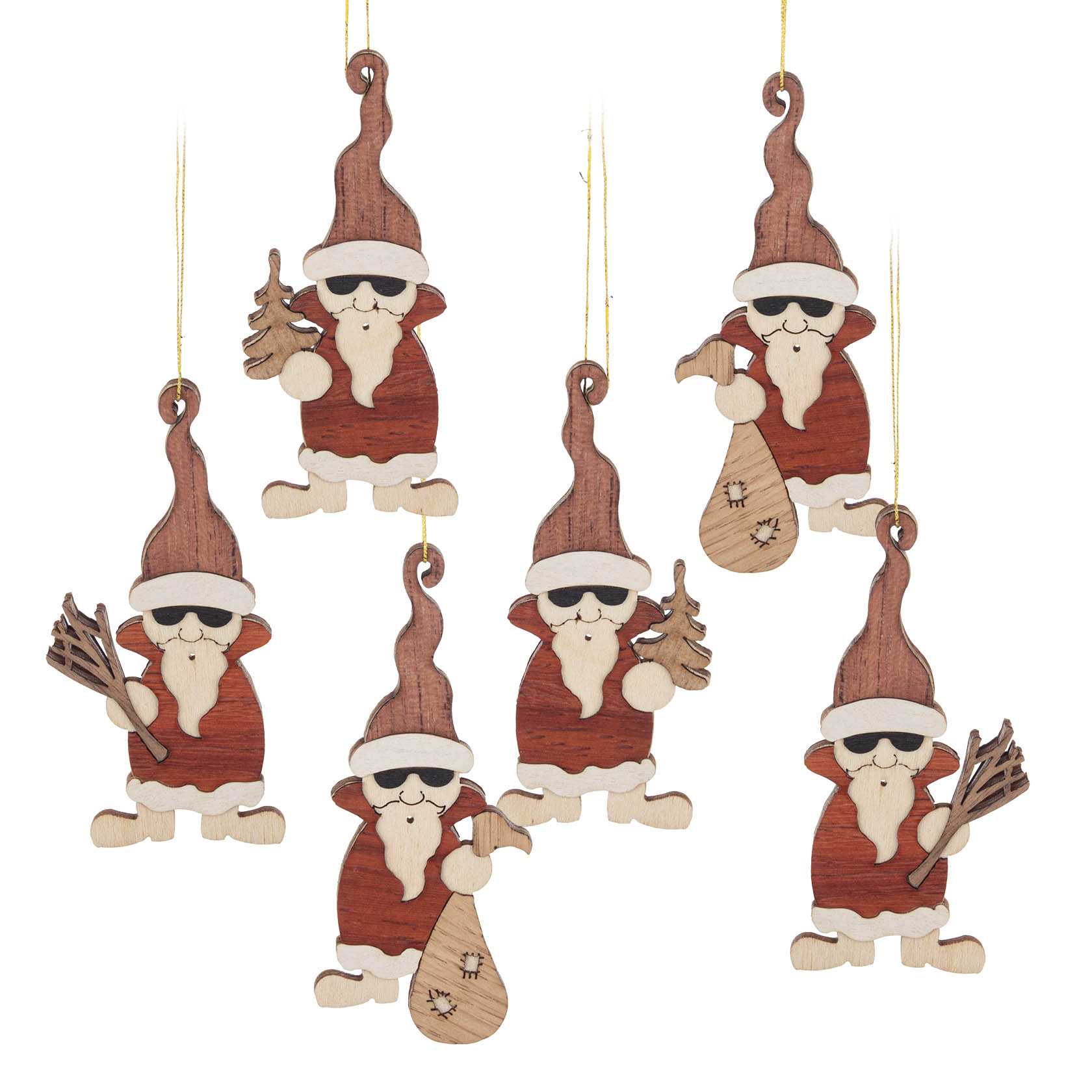 Sechs hölzerne Nikolaus-Anhänger mit Sonnenbrille, Mütze und Bart. Jeder hält einen Sack oder Zweige in der Hand. im Dregeno Online Shop günstig kaufen