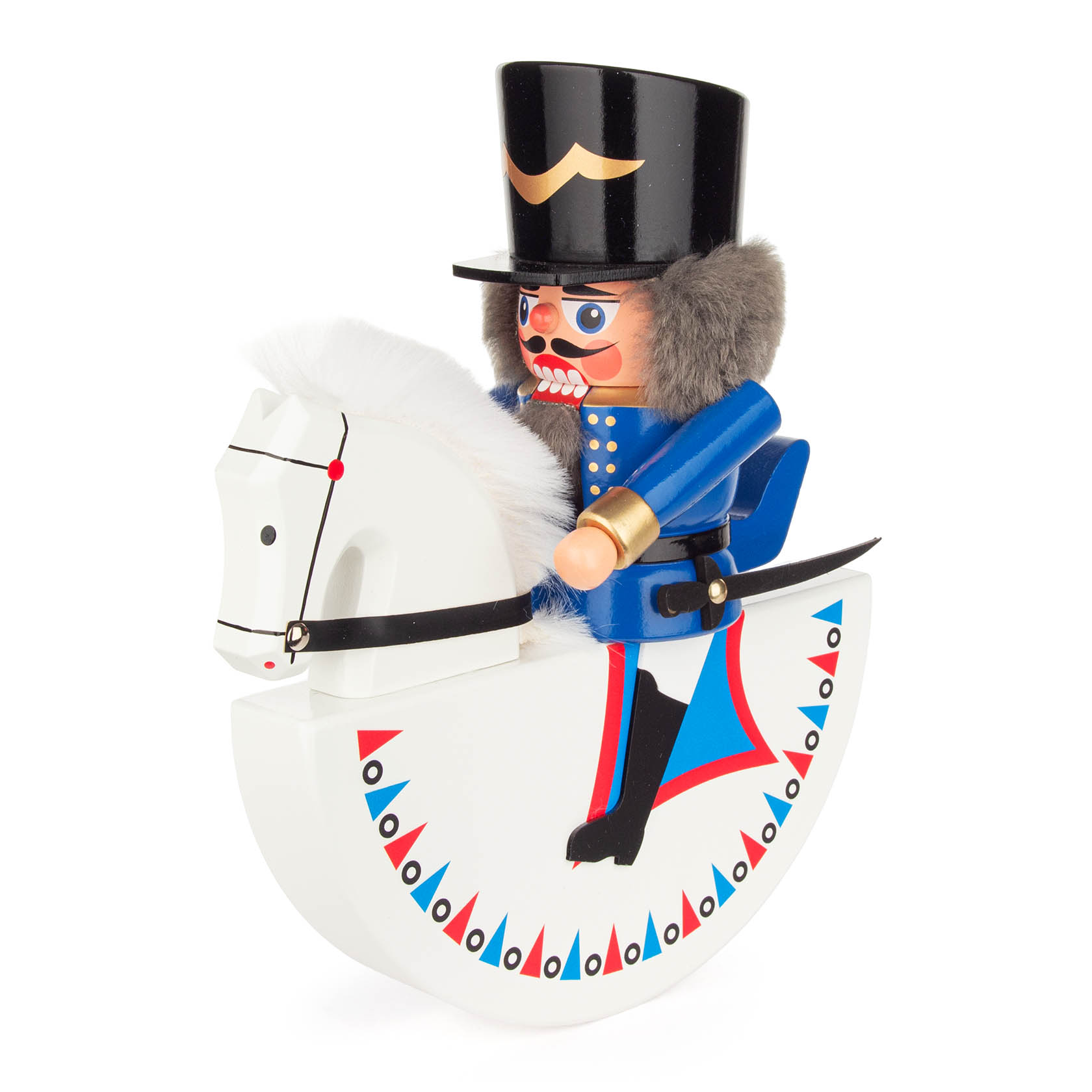 Holzfigur Reiterlein Nussknacker in Form eines Husaren, in blauer Uniform, auf einem weißen Schaukelpferd sitzend, mit schwarzen Stiefeln und einem Säbel. im Dregeno Online Shop günstig kaufen