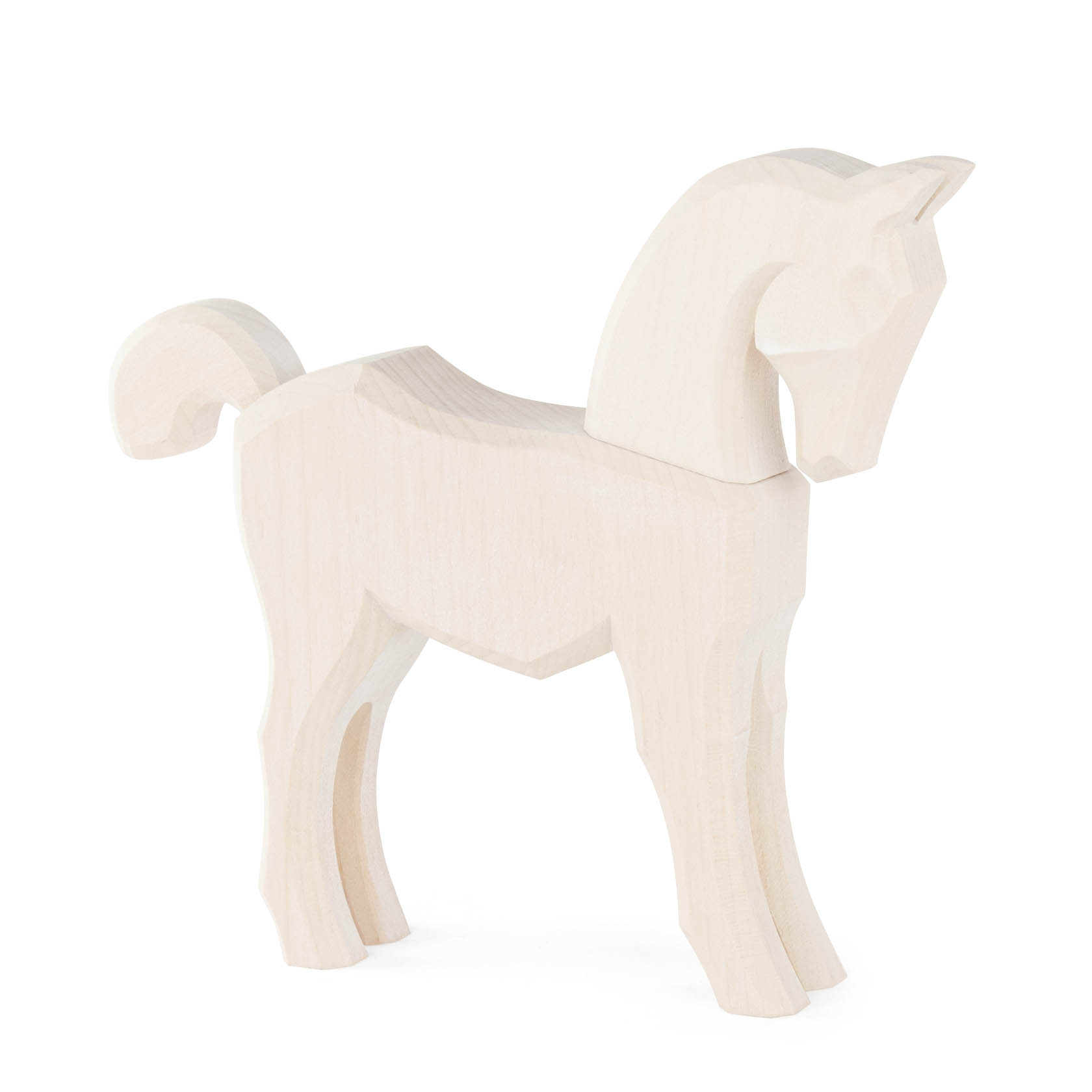 A white wooden toy horse without a mane, standing upright and intricately carved. im Dregeno Online Shop günstig kaufen