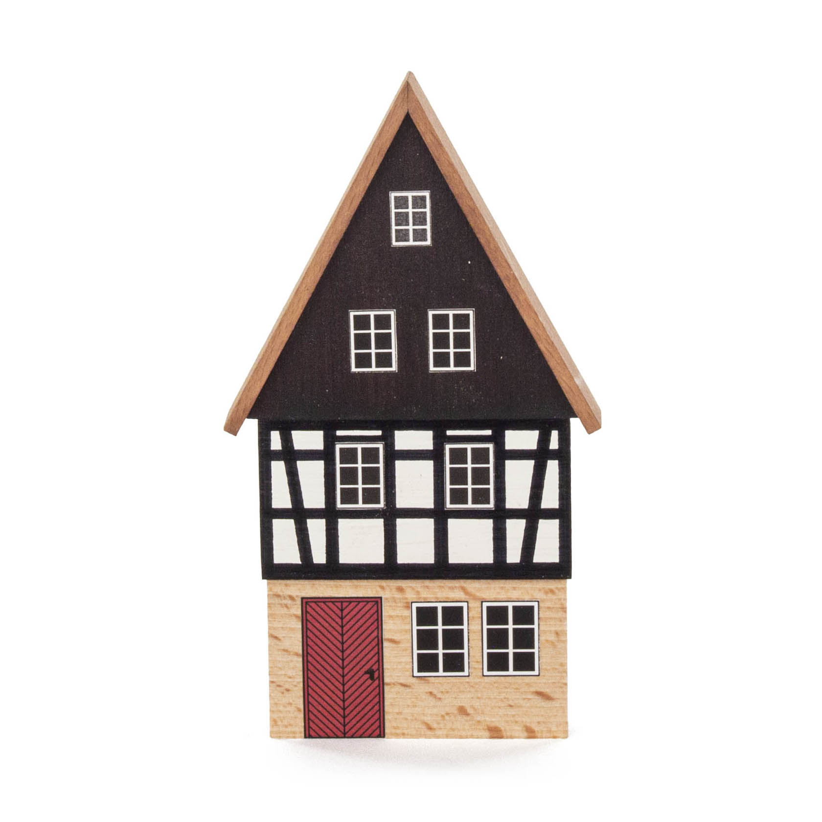 Holzmodell eines Fachwerk-Giebelhauses mit roter Tür und schwarzen Dachbalken. im Dregeno Online Shop günstig kaufen