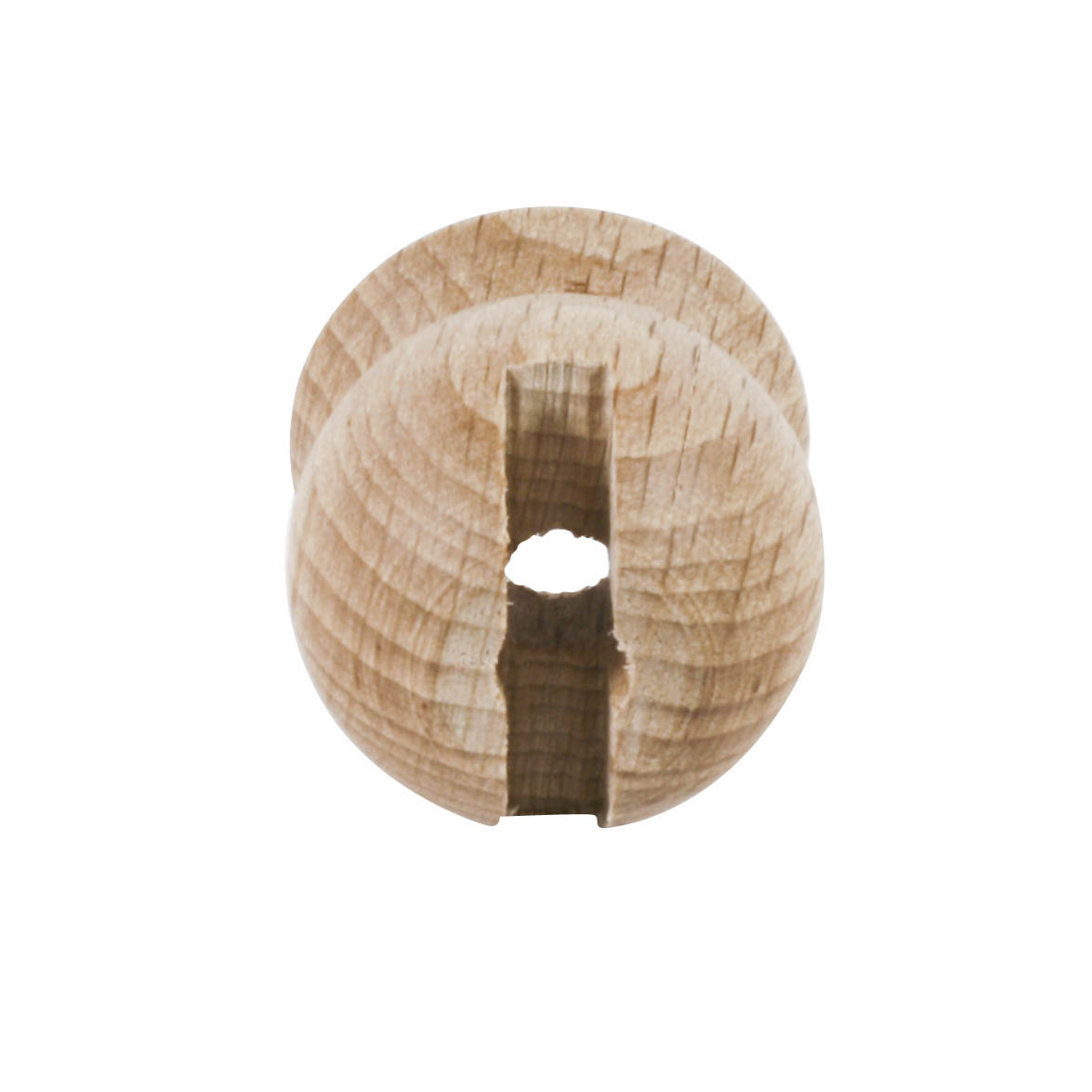 Eine Holztülle in Kugelform mit einem Durchmesser von 14 mm und einer geschlossenen Öffnung von 5 mm. Das Bild zeigt die Vorderansicht des Holzstücks. im Dregeno Online Shop günstig kaufen