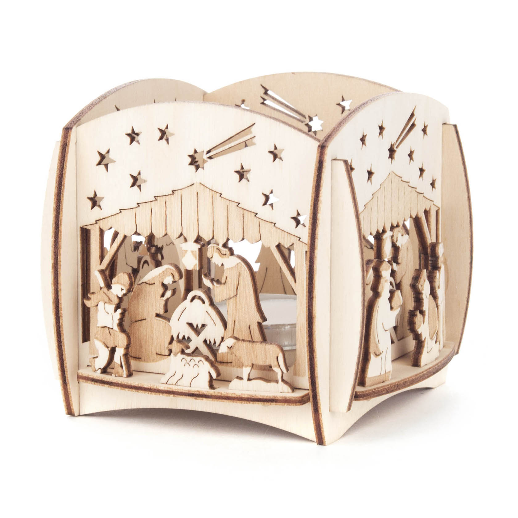 Ein Teelichthalter aus Holz zeigt die Szene der Geburt Christi mit Maria, Josef, dem Jesuskind in der Krippe und den Heiligen Drei Königen. im Dregeno Online Shop günstig kaufen