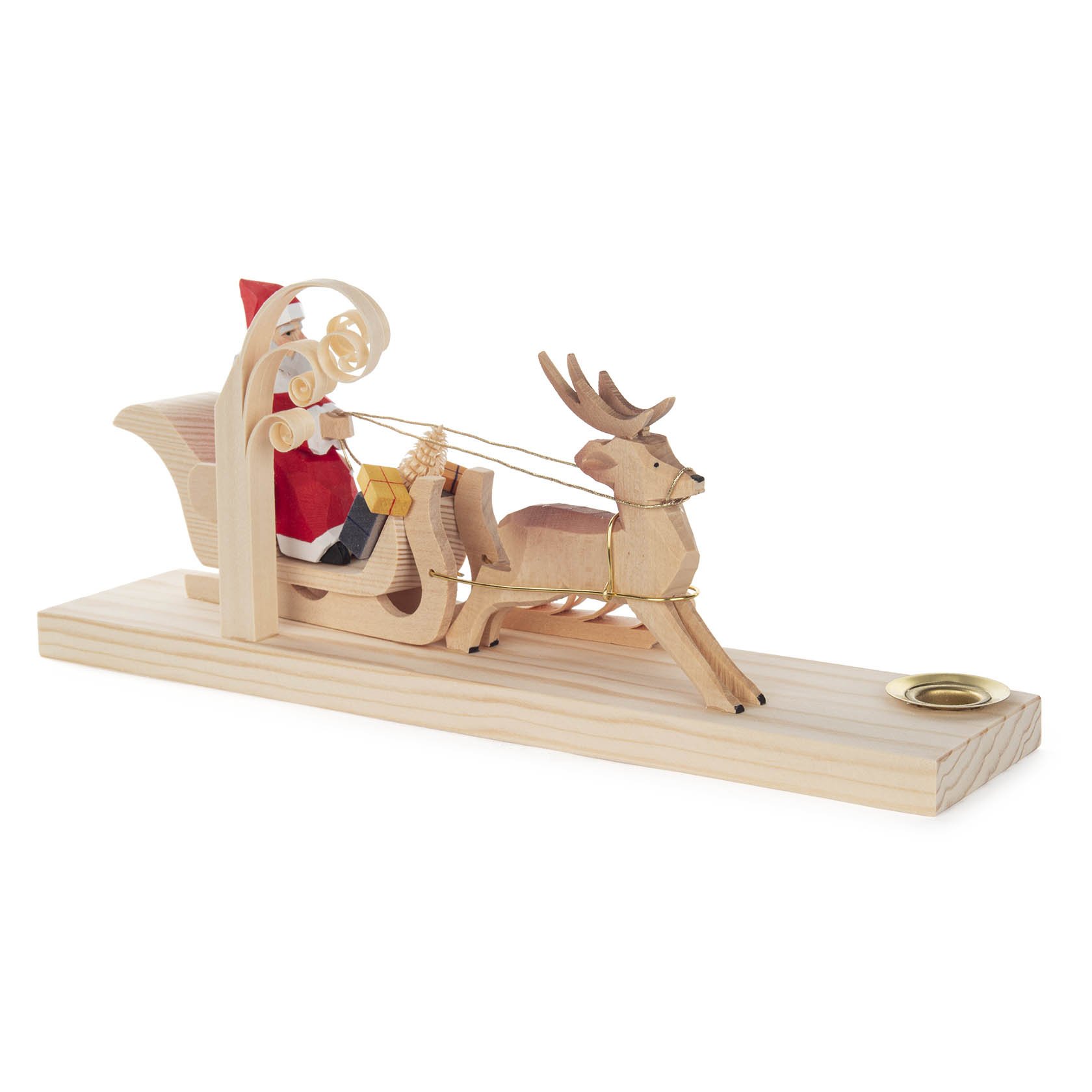 Holzfigur eines Weihnachtsmanns im Hirschschlitten, für Kerze geeignet. Der Schlitten ist mit einem roten Weihnachtsmann und einem geschnitzten Hirsch besetzt.