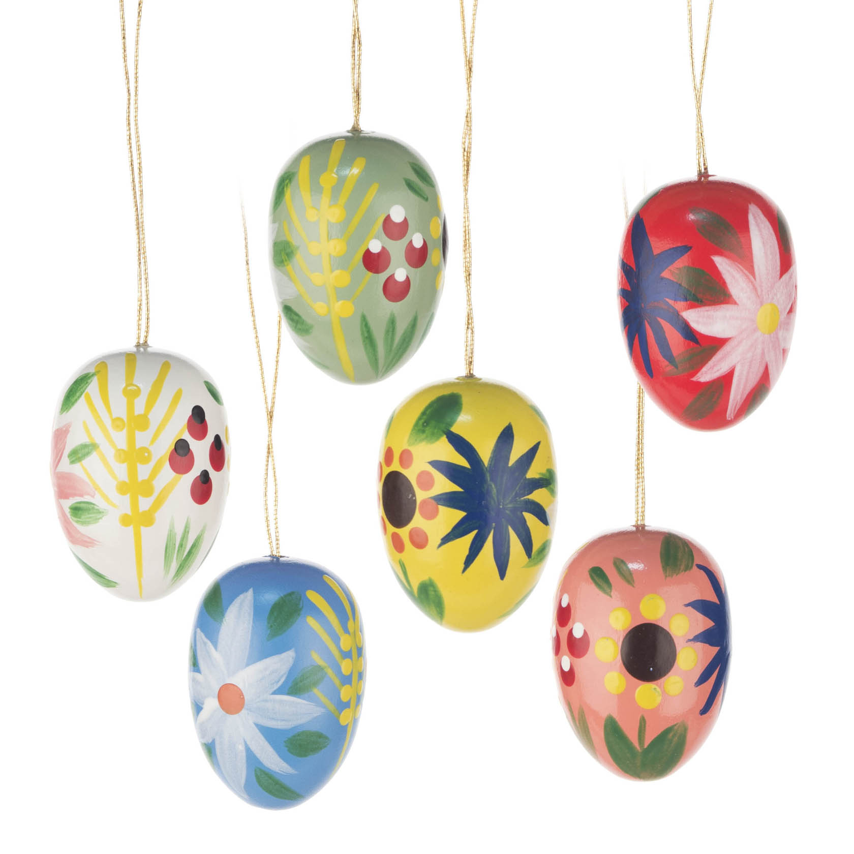Sechs bunte Ostereier mit handgemalten Blumendesigns an goldenen Schnüren hängend. im Dregeno Online Shop günstig kaufen