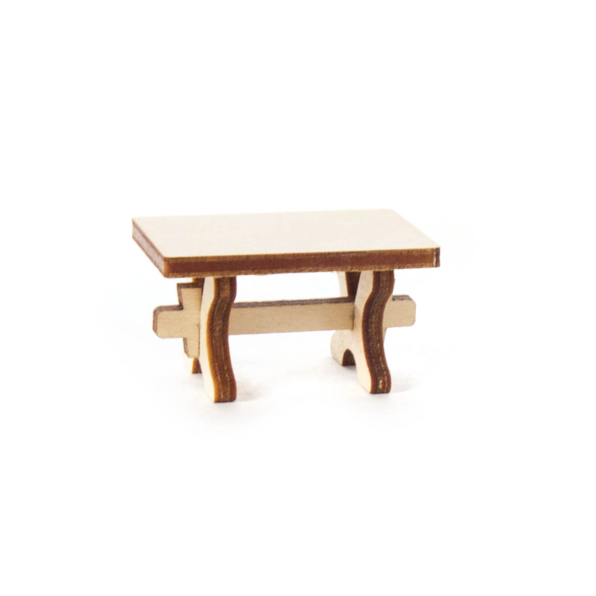Ein Miniatur-Holztisch mit rechteckiger Oberfläche und geschwungenen Beinen, 36x23x20mm groß. im Dregeno Online Shop günstig kaufen