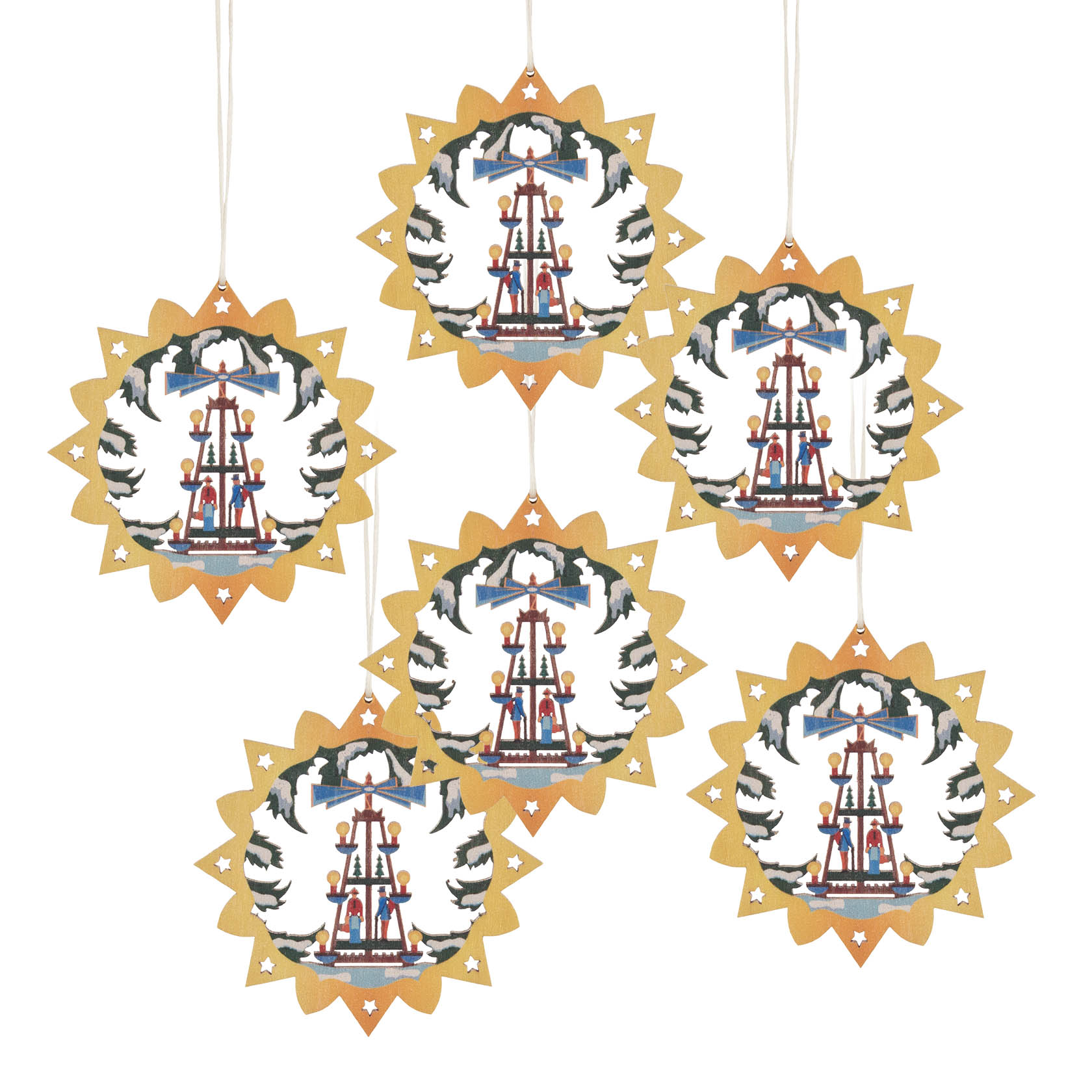 Six decorative circular hangings featuring colorful pyramid designs surrounded by a starburst pattern. im Dregeno Online Shop günstig kaufen