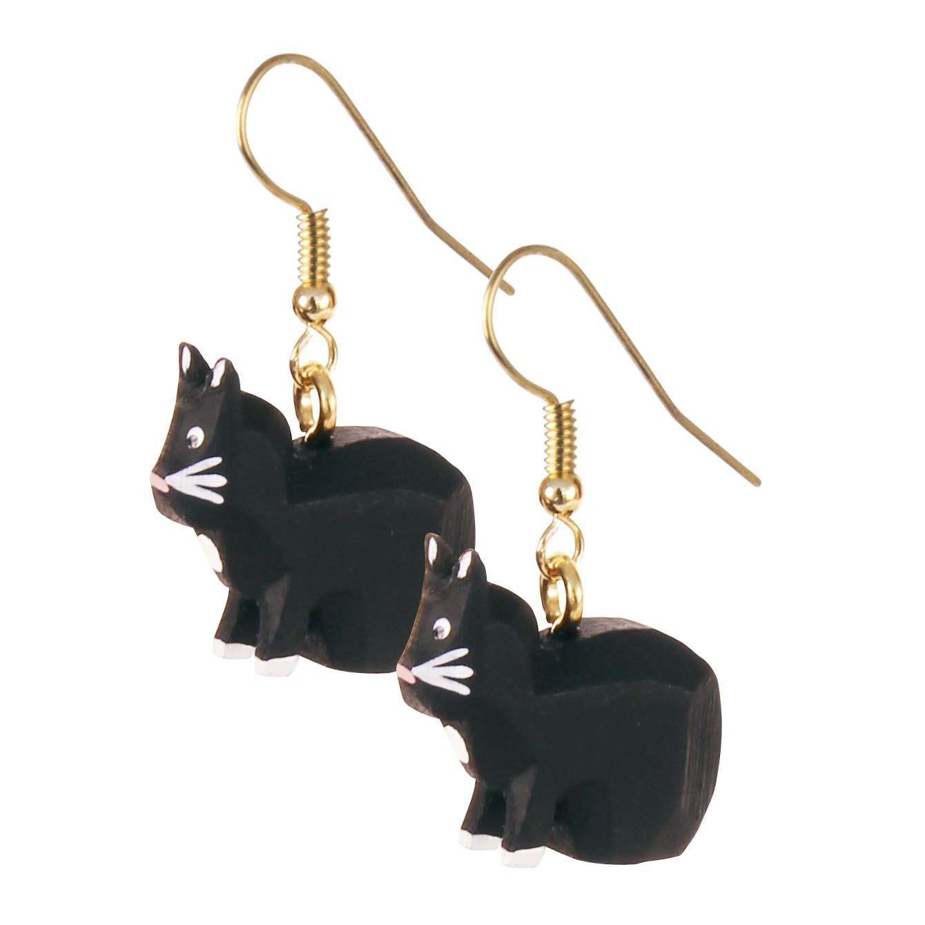 Zwei schwarz lackierte Katzenohrringe aus blei- und nickelfreiem Material mit goldfarbenen Haken. im Dregeno Online Shop günstig kaufen