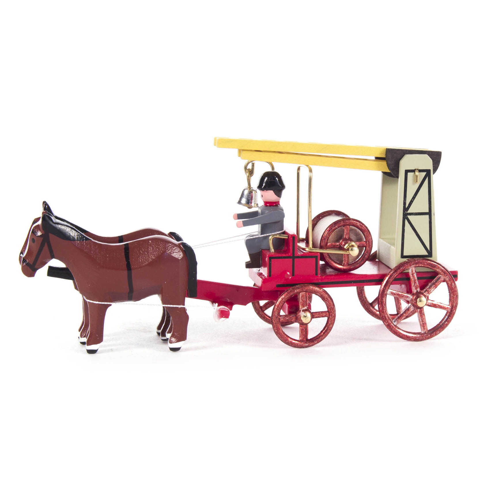 Spielzeug-Gespann aus einem Pferd, Wagen mit Feuerwehrmann. Auf dem Wagen eine Drehleiter und ein gerollter Feuerwehrschlauch. im Dregeno Online Shop günstig kaufen