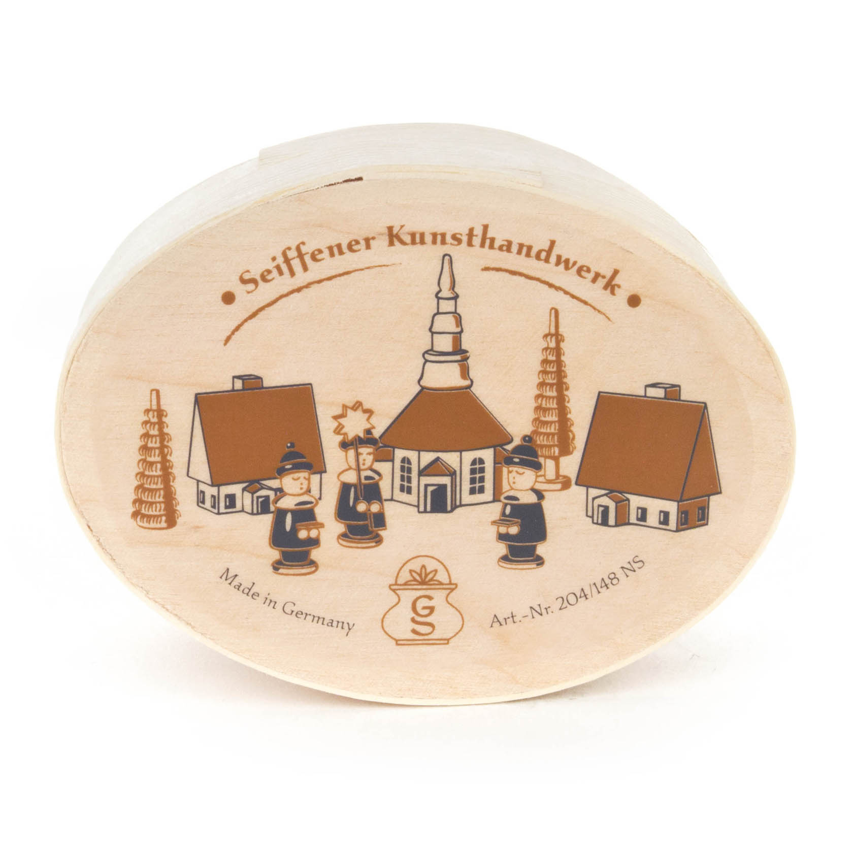 Eine Spandose mit Abbildung einer Kurrende vor der Seiffener Kirche, umgeben von zwei Holzhäusern und zwei Holzpyramiden, traditionelle Erzgebirgskunst.