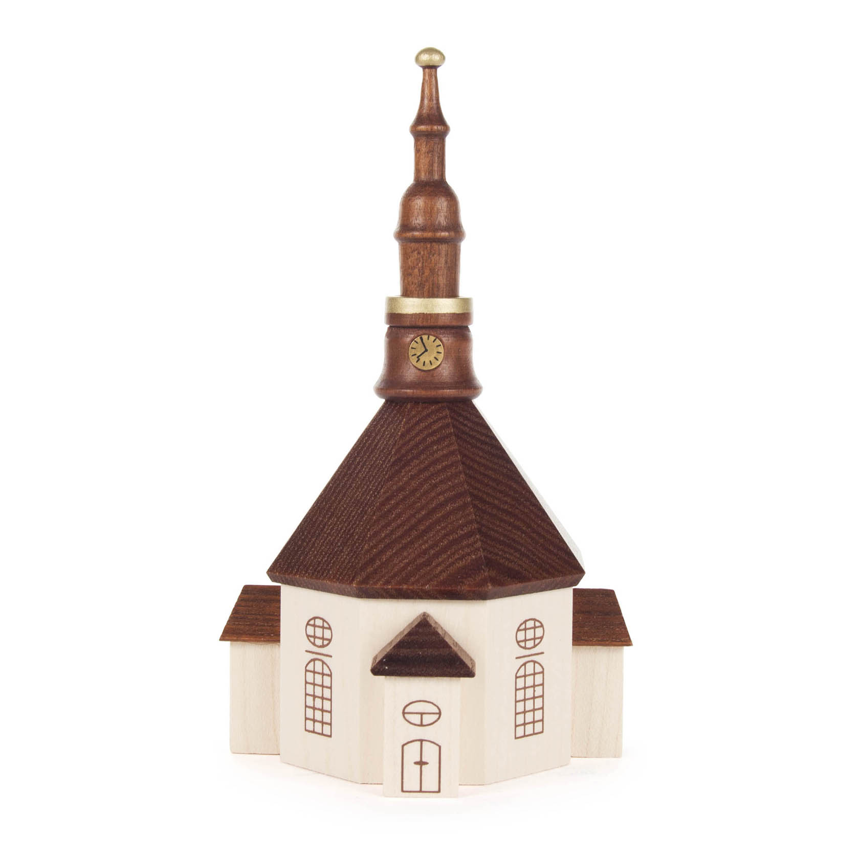 Modell einer naturbelassenen Seiffener Kirche mit sechseckigem Grundbau und detailreicher Turmspitze. im Dregeno Online Shop günstig kaufen