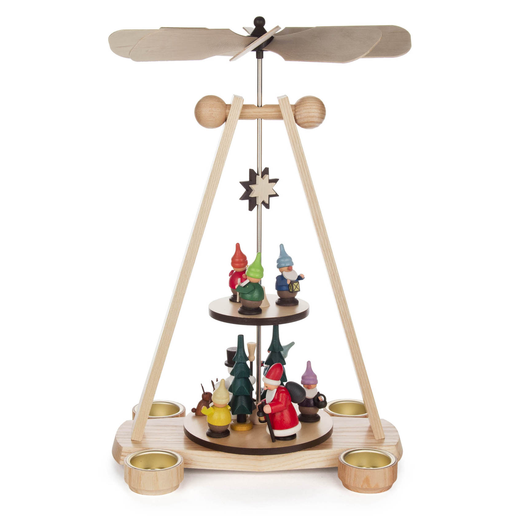 Zweistufige Holzpyramide, auf der unteren Ebene mit Zwergen und Tannenbäumen, oben Zwerge mit Pilzen. Angetrieben durch Teelicht wärme. im Dregeno Online Shop günstig kaufen
