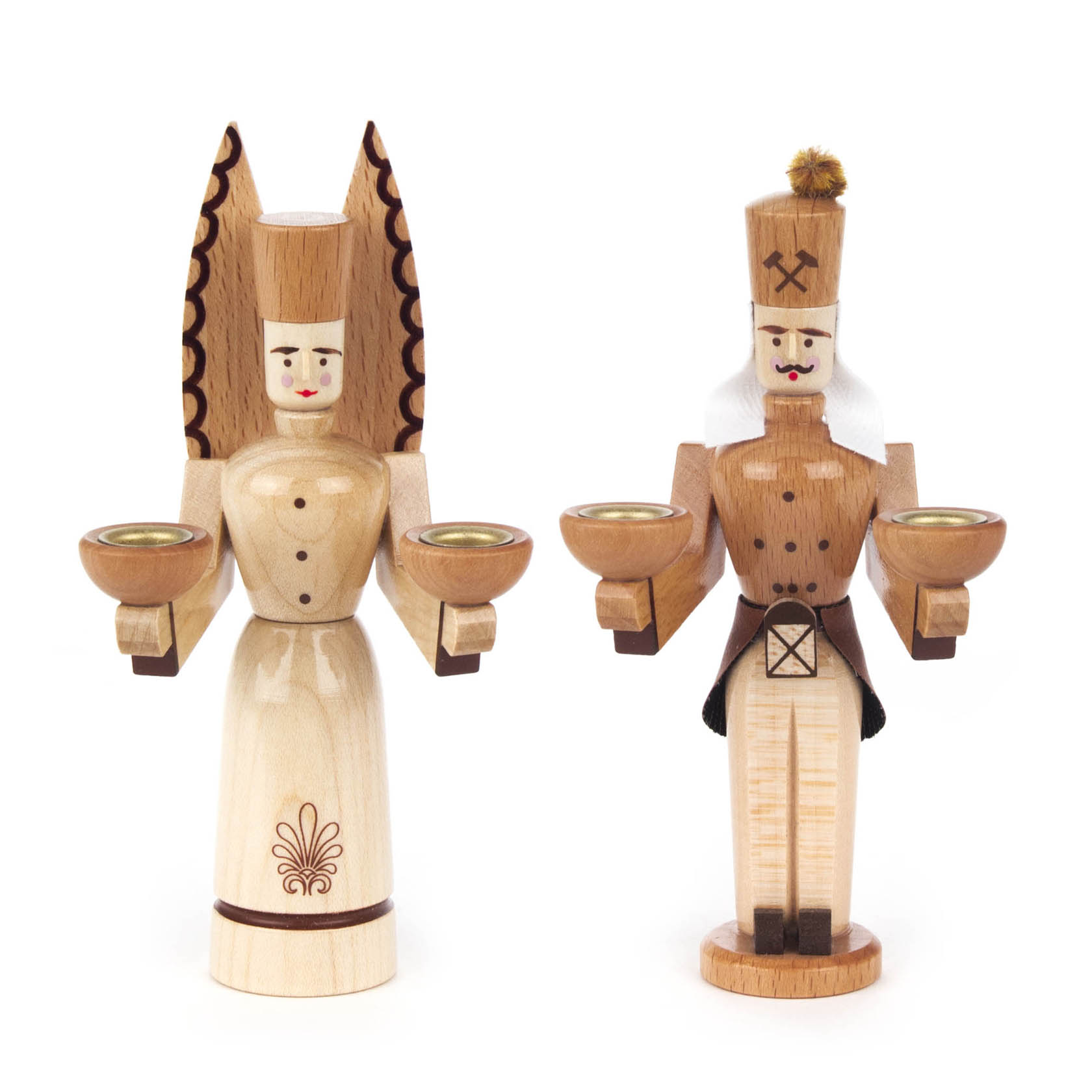 Wooden figures of an angel and a miner, each holding two candle holders for 10mm candles, designed in a traditional ornament style. im Dregeno Online Shop günstig kaufen