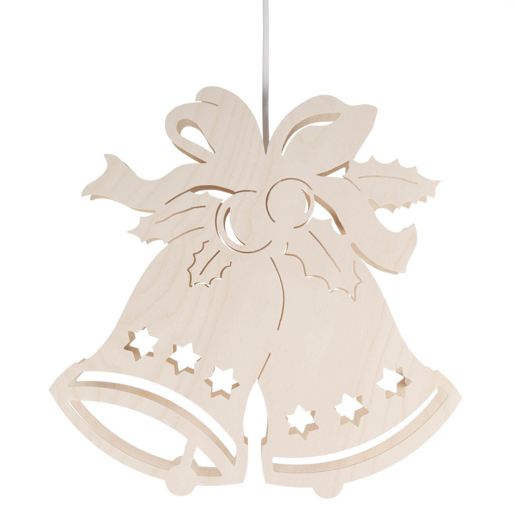 Wooden window decoration of two bells tied with a bow, featuring star cutouts and electric lighting. im Dregeno Online Shop günstig kaufen