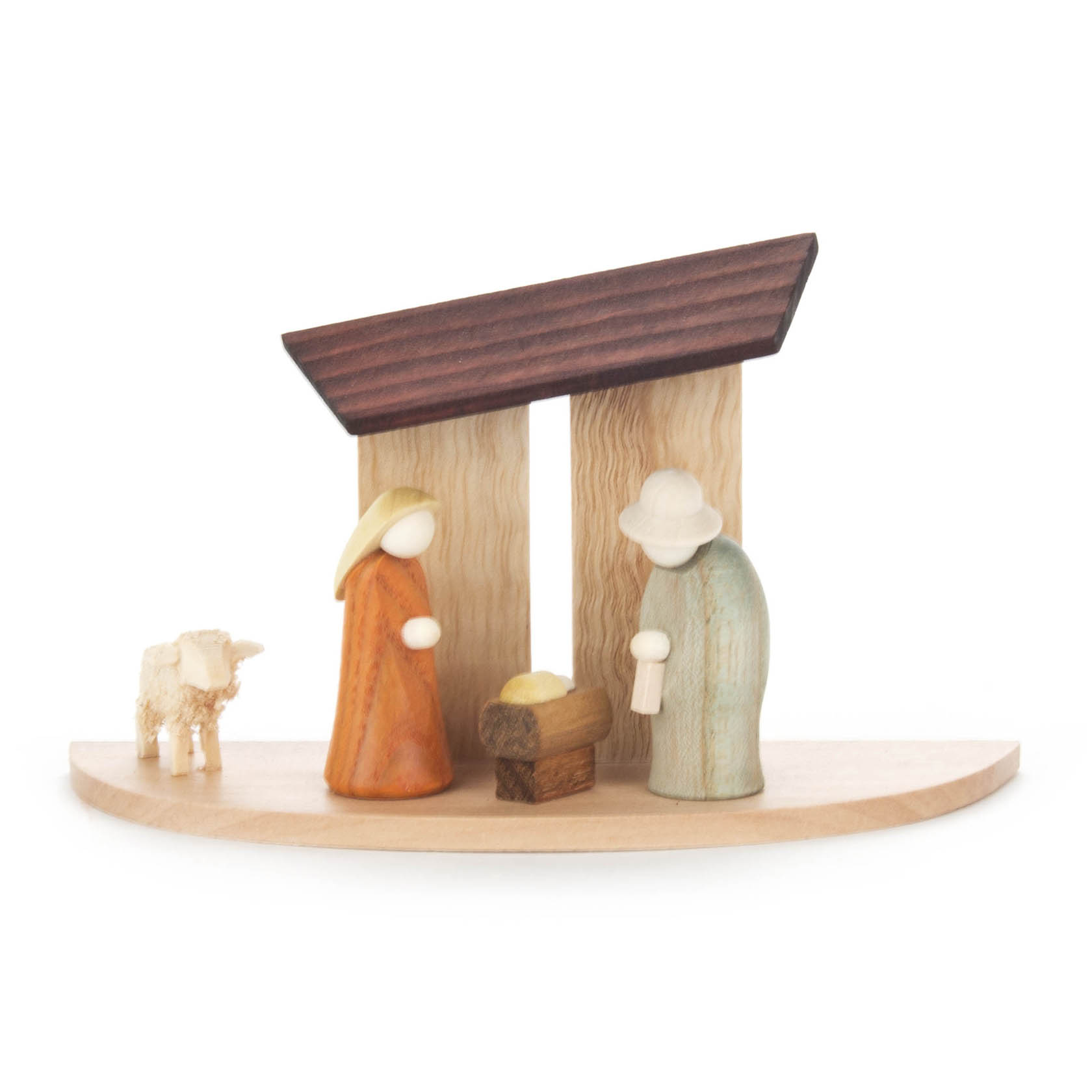Holzminiatur-Krippe mit Maria in orange, Josef in grau, einem strohbedeckten Stall, der Krippe mit dem Jesuskind und einer Schaf-Figur. im Dregeno Online Shop günstig kaufen