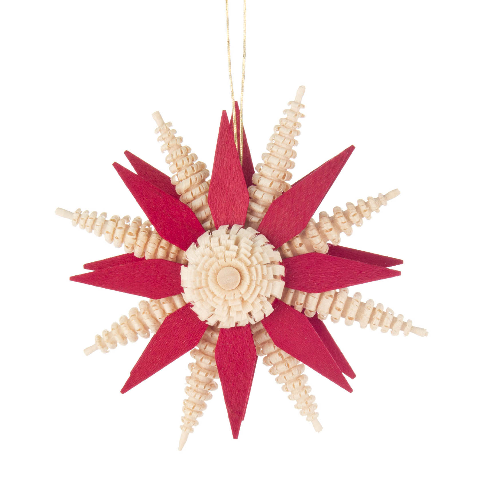 Weihnachtsornament in Form eines roten Sterns mit Holzspitzen, dekoriert mit einem detaillierten zentralen Holzdesign. im Dregeno Online Shop günstig kaufen