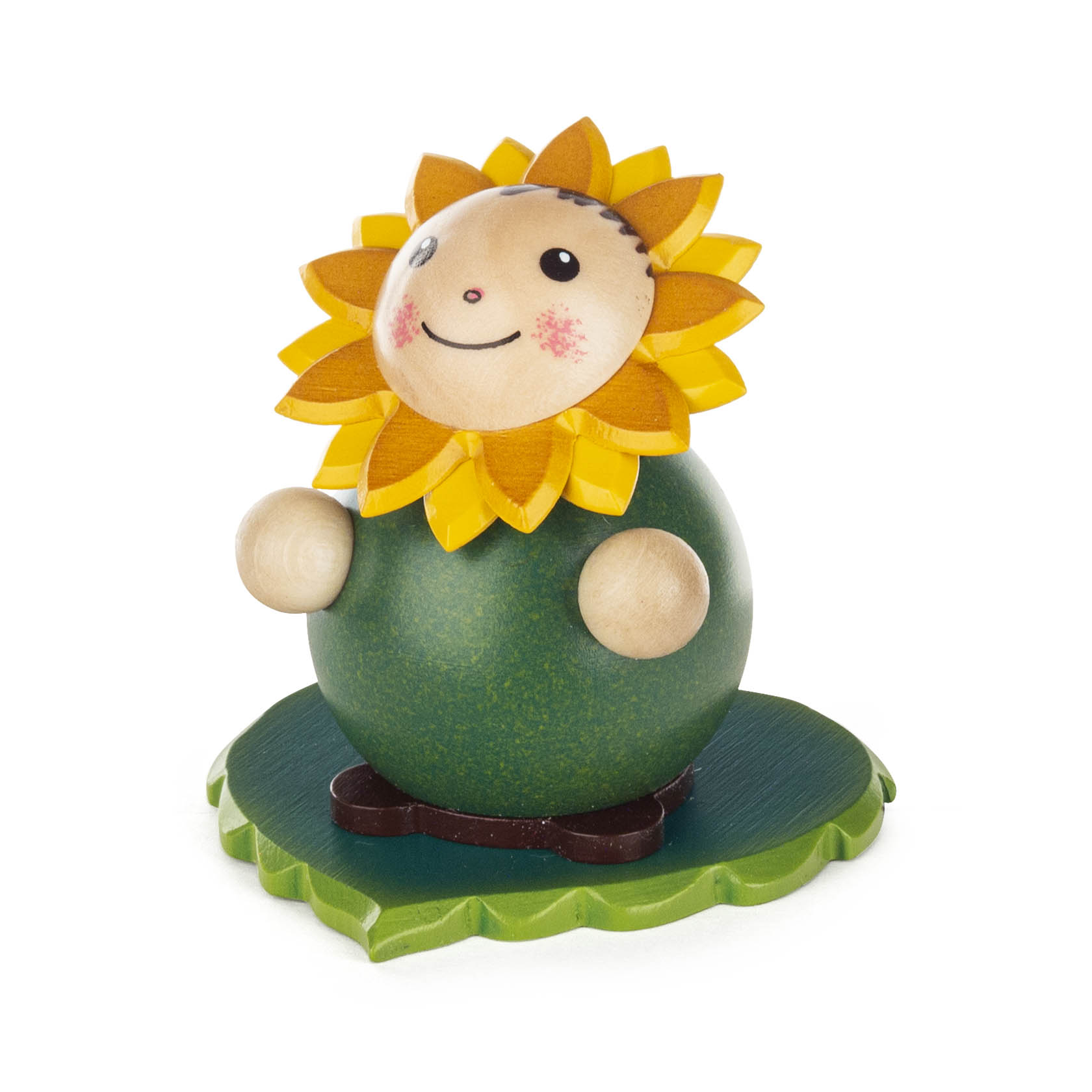 Holzfigur mit Sonnenblumenkopf und freundlichem Gesicht, stehender Körper in Kugelform auf grünem Blatt, als Teil eines Vario-Leuchters.