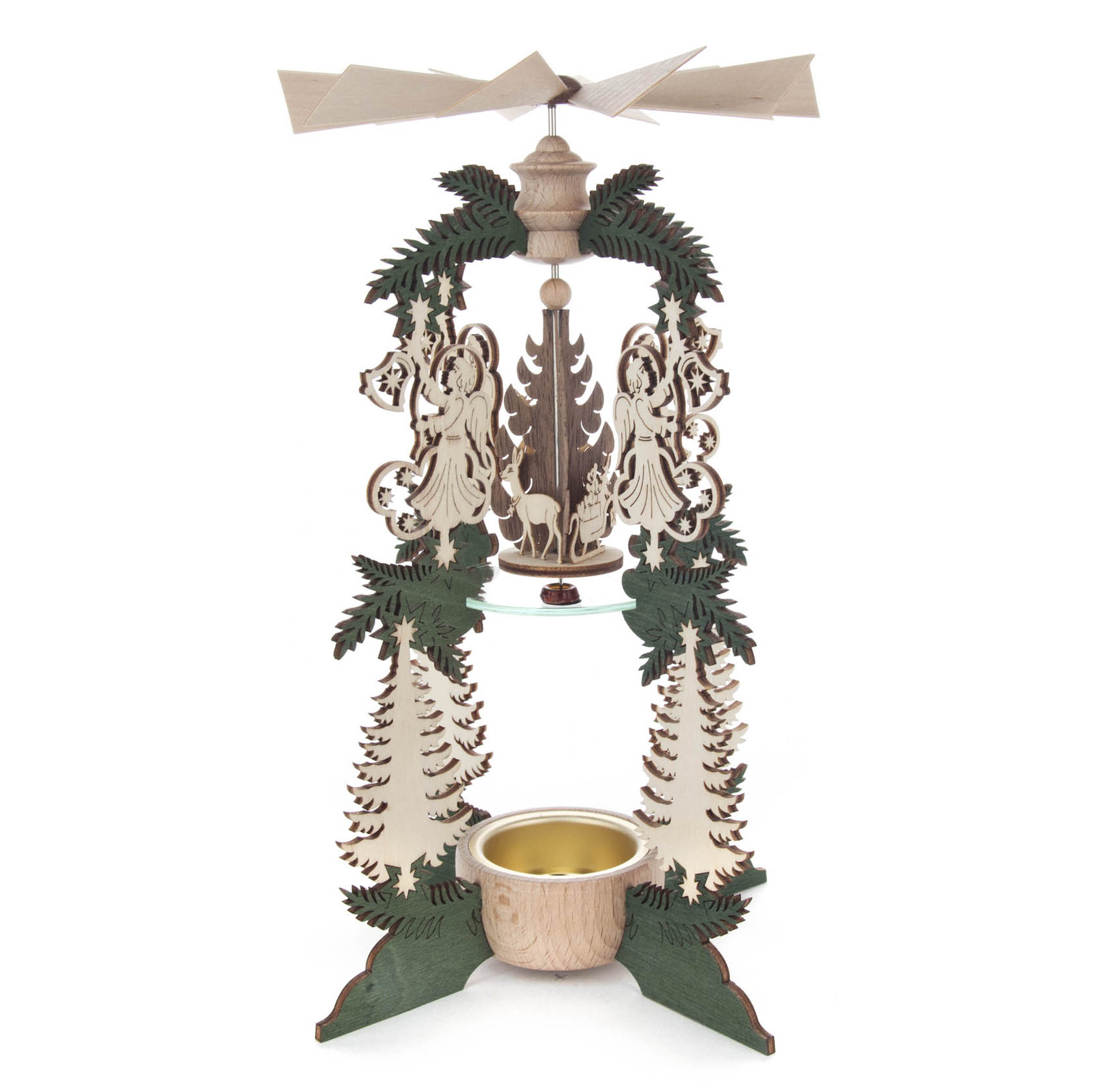 Ein dekoratives Wärmespiel aus Holz mit zwei Engelfiguren und einem Weihnachtsmann, das für ein Teelicht geeignet ist. im Dregeno Online Shop günstig kaufen