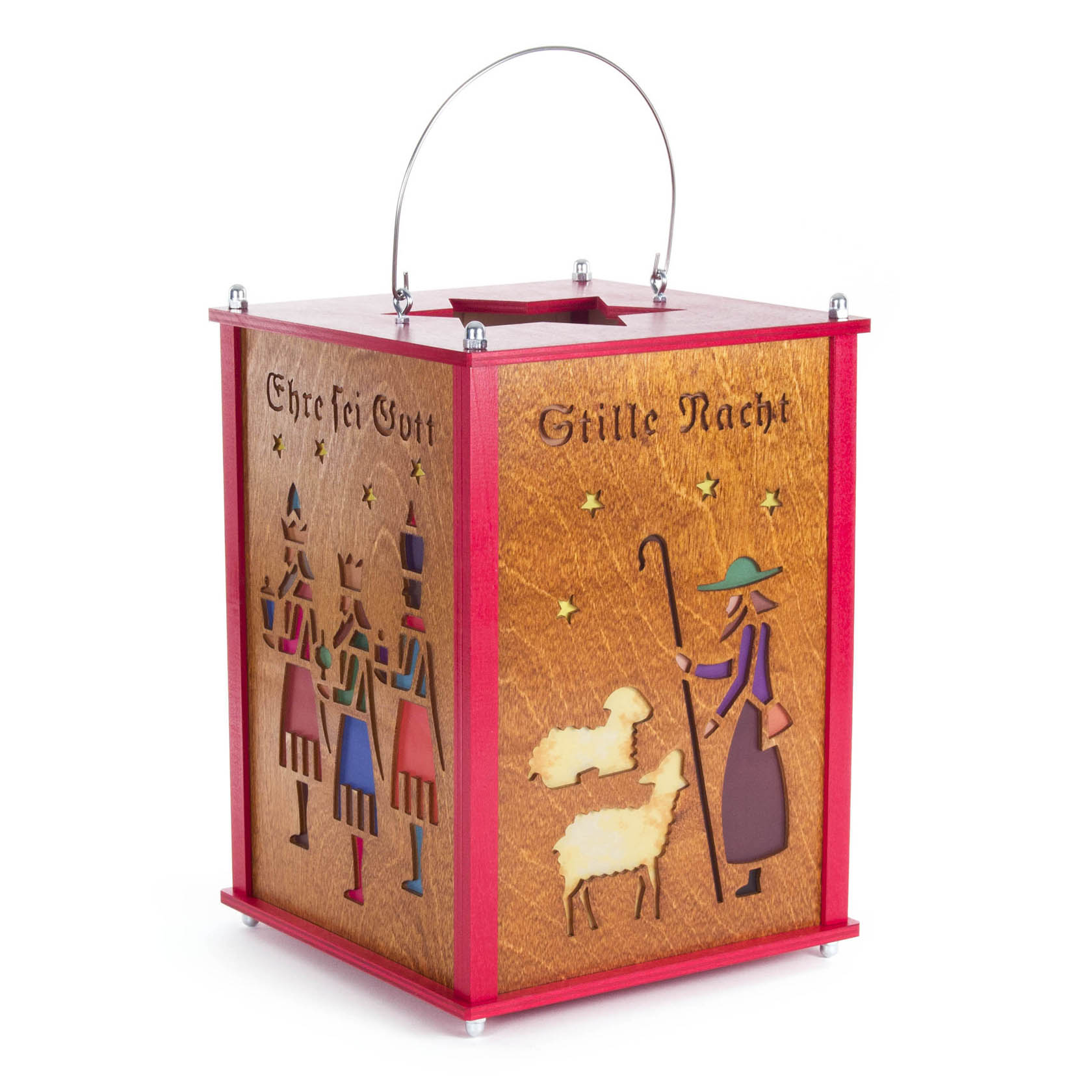 Laterne mit Krippenmotiven, zeigt Figuren der Heiligen Drei Könige und Hirte mit Schafen. Beschriftet mit 'Ehre sei Gott' und 'Stille Nacht'.