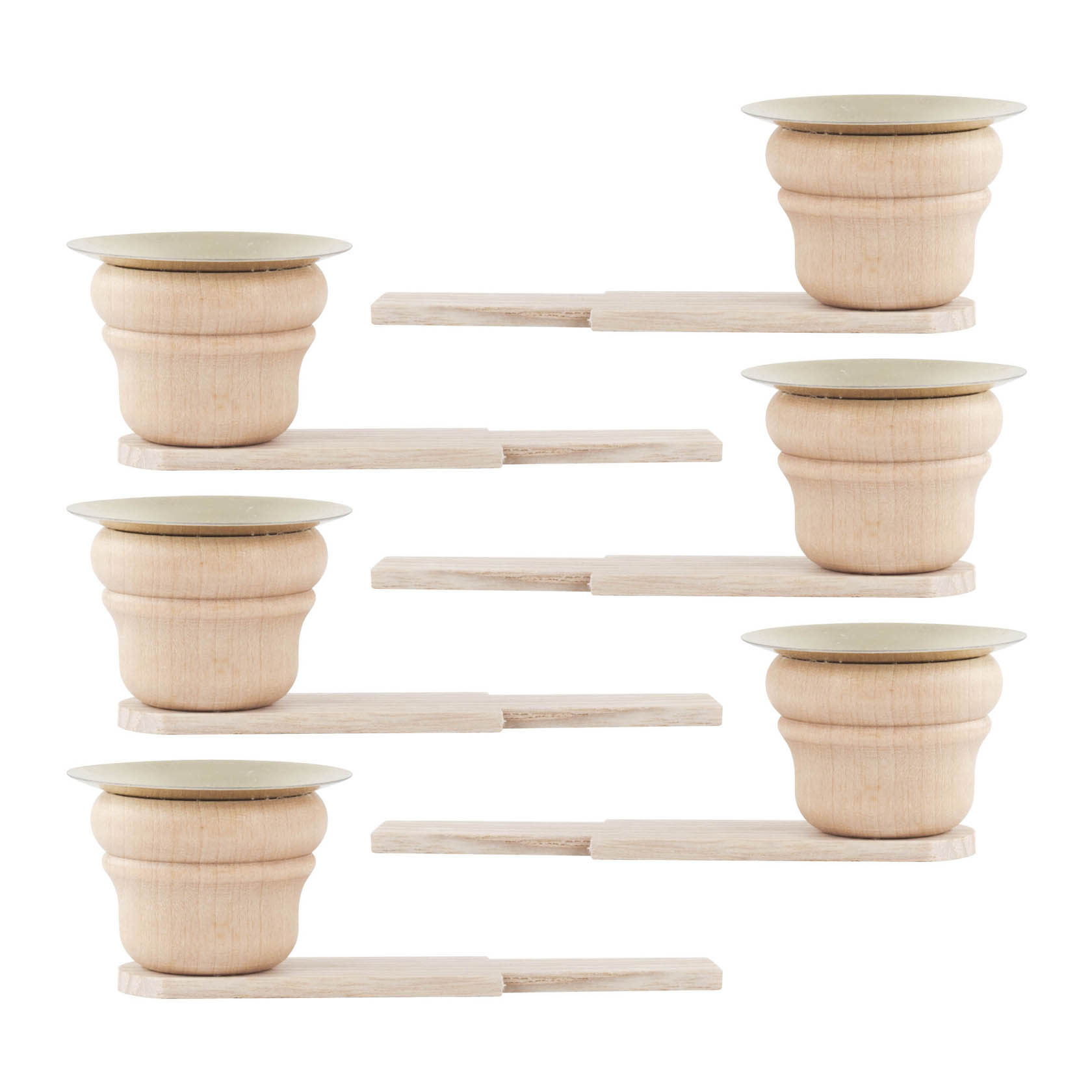 Set of 6 wooden candlestick holders, each with a round base and a metal plate for holding a candle.