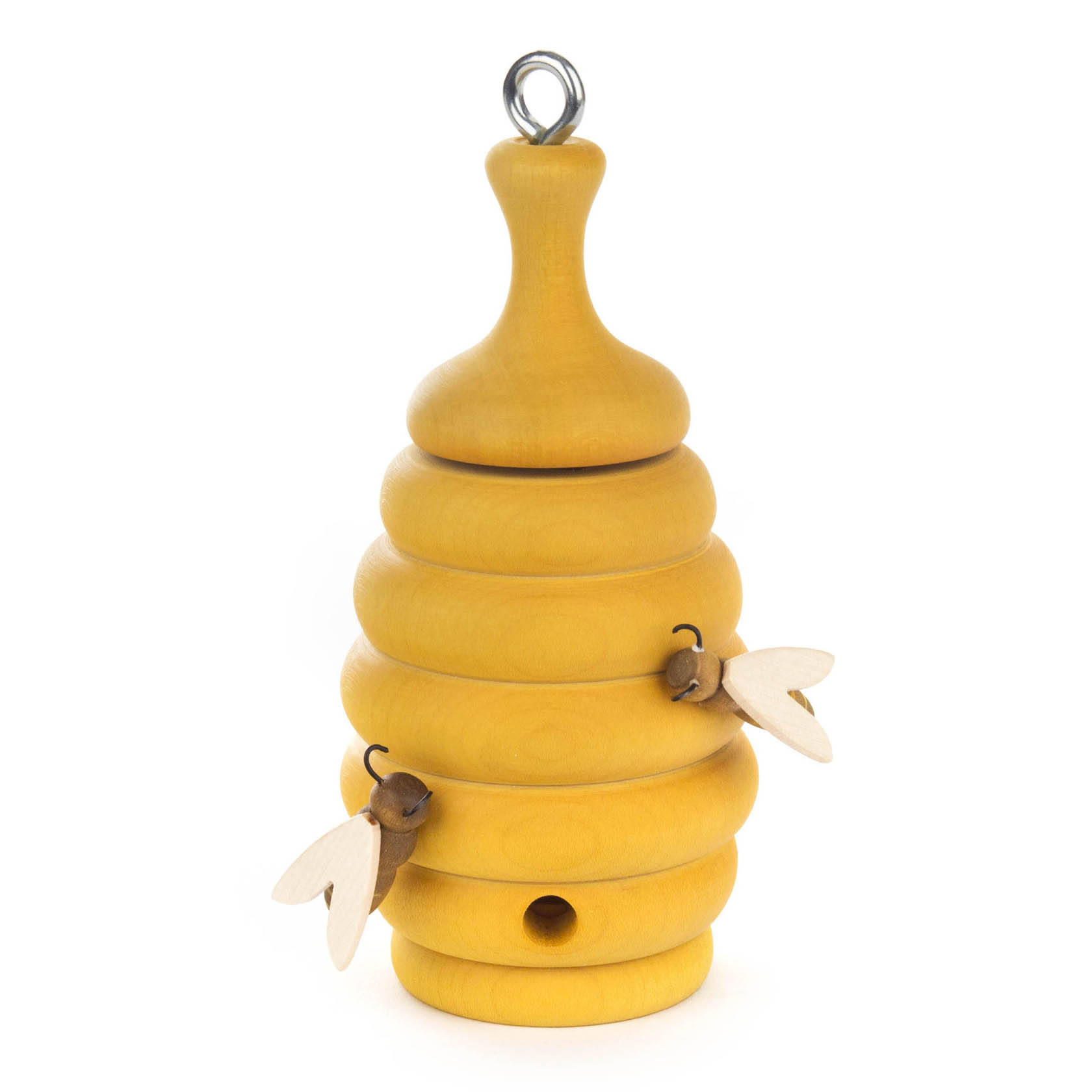 Kleiner Bienenstock aus Holz mit Räucherfunktion, gelb und bienenförmig, mit Metallring zum Hängen. im Dregeno Online Shop günstig kaufen
