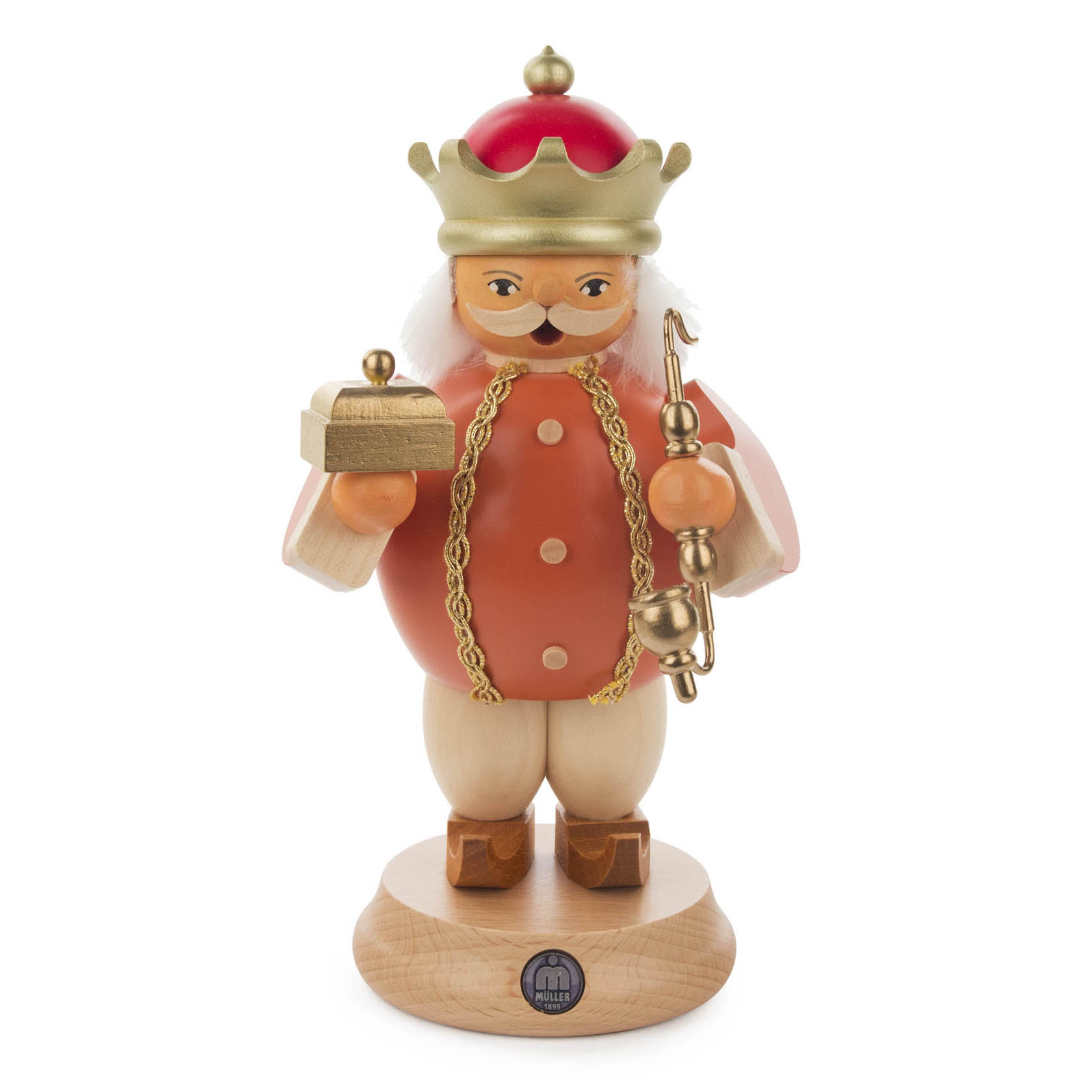 Holzfigur eines Räuchermanns, der König Melchior darstellt. Er trägt eine Krone, einen roten Umhang und hält eine Weihrauchdose. Detailreiche Handarbeit. im Dregeno Online Shop günstig kaufen