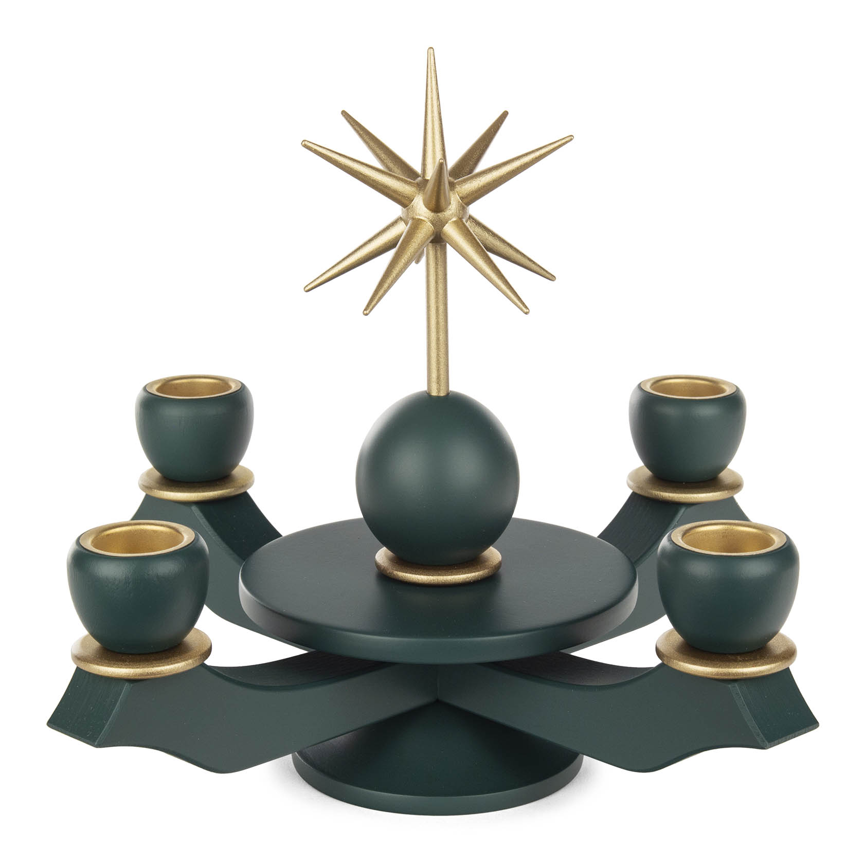 A green Advent candlestick with a central golden star and four candle holders designed for wax candles with a diameter of 22 mm. im Dregeno Online Shop günstig kaufen