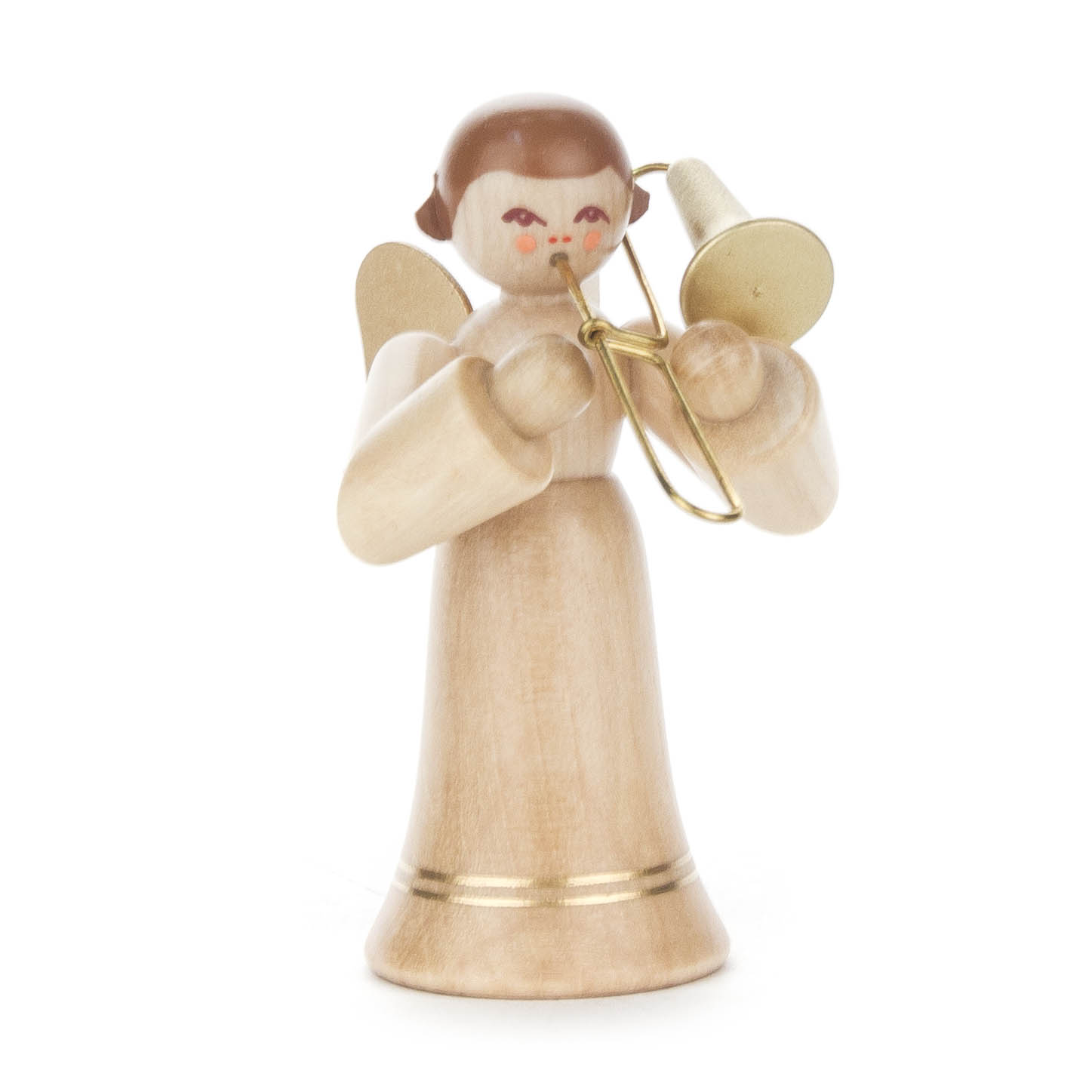 Holzfigur eines Engels mit Posaune, braunem Haar, roten Wangen und langem Rock in natürlichem Holzton. im Dregeno Online Shop günstig kaufen