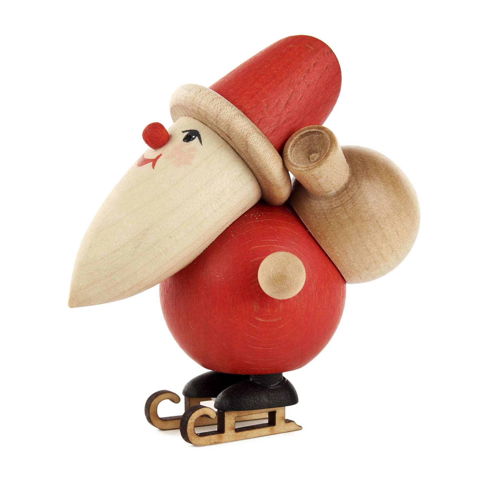 Hölzerner Weihnachtsmann in Rot mit langer Nase und roter Mütze auf Schlittschuhen, minimalistisch gestaltet. im Dregeno Online Shop günstig kaufen