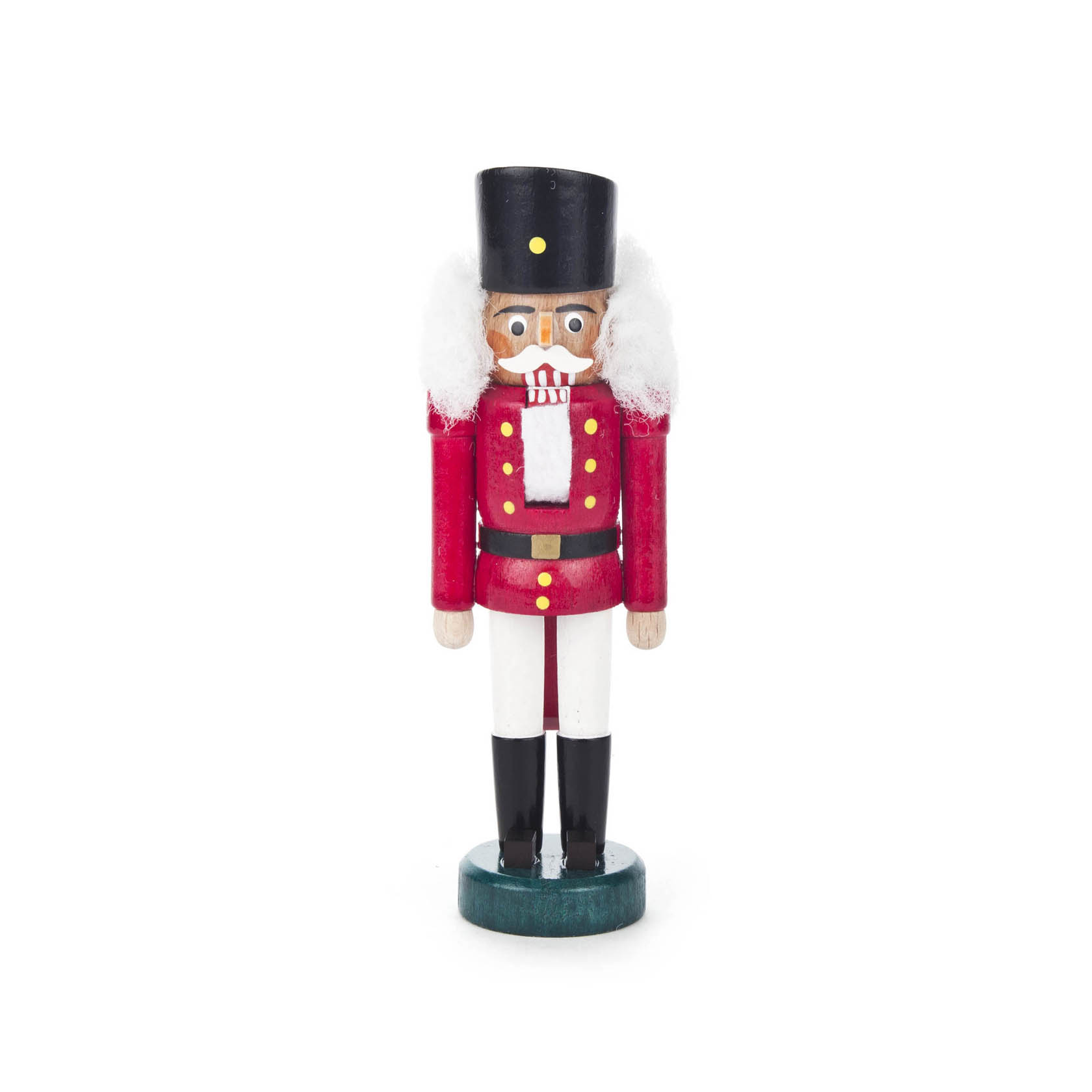 Ein Nussknacker in der Form eines Husaren, rot-weiße Uniform, mit schwarzem Hut und Stiefeln. Der Nussknacker ist 13 cm hoch und hat einen weißen Bart. im Dregeno Online Shop günstig kaufen