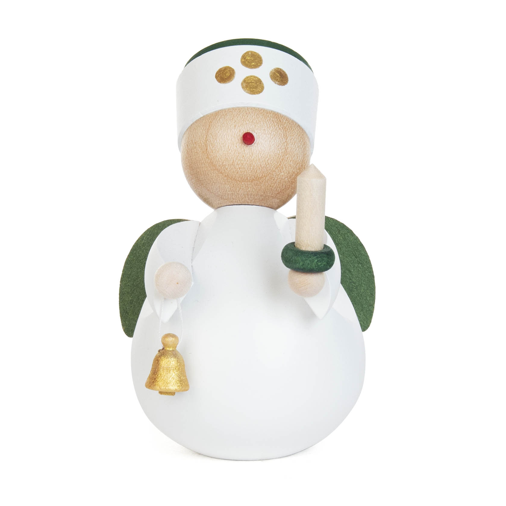 Holzfigur eines farbigen Lichterengels. Der Engel hält eine kleine Kerze in der rechten Hand und eine goldene Glocke in der linken Hand.