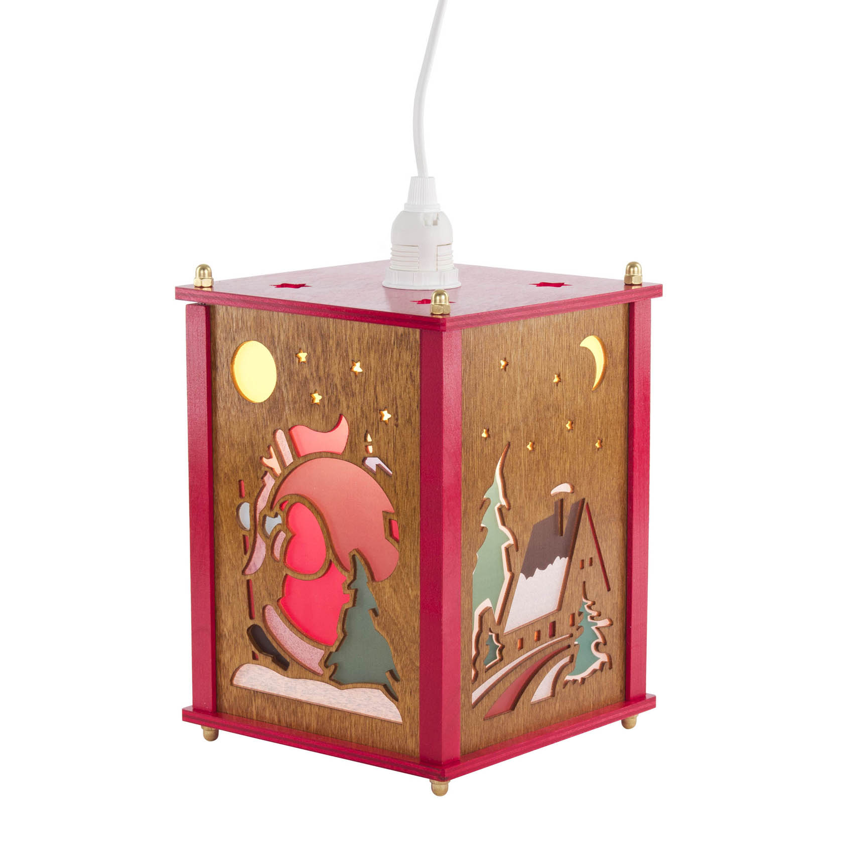 Eine Laterne mit Holzschnitten, die einen Weihnachtsmann mit Geschenksack, ein schneebedecktes Haus mit Mond und Sterne zeigt. Sie ist elektrisch beleuchtet.