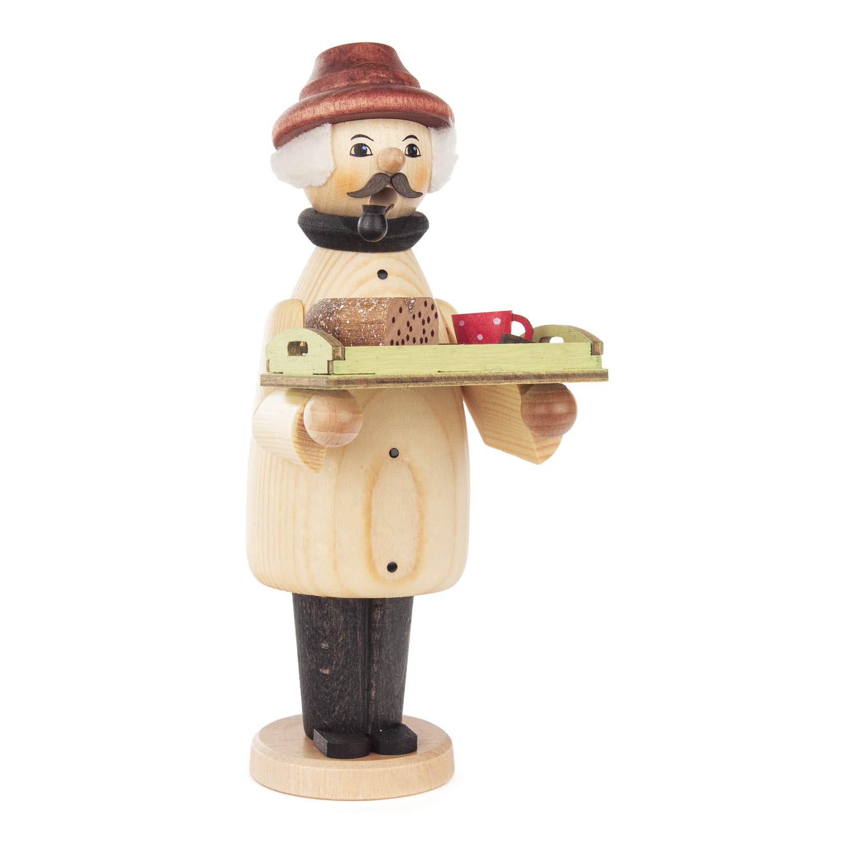 Ein hölzerner Räuchermann in Bäckerform hält ein Tablett mit Brotlaib und rotem Becher. Er trägt eine Schürze und einen braunen Hut. im Dregeno Online Shop günstig kaufen