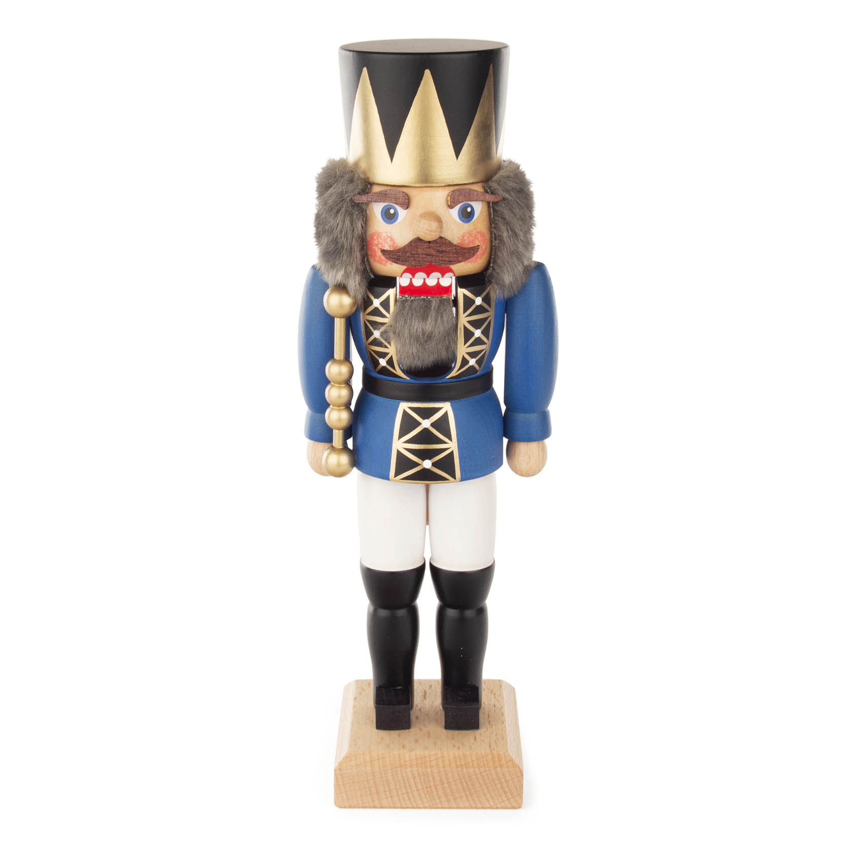 Ein blau lasierter Nussknacker in Form eines Königs, 27 cm groß, mit goldener Krone, Bart und Zepter, getragen auf einem Holzsockel. im Dregeno Online Shop günstig kaufen