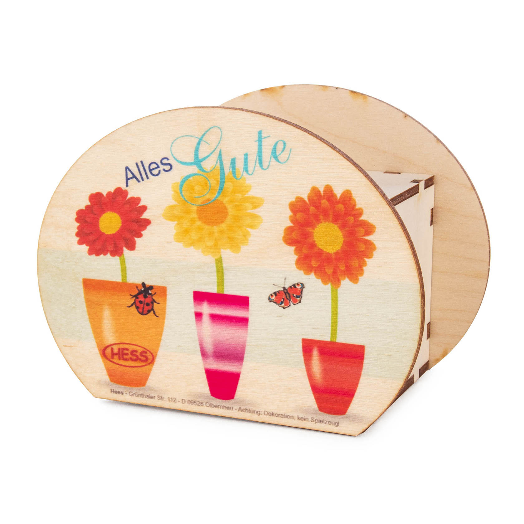 Holzspardose mit drei bunten Blumen in Töpfen, beschriftet mit 'Alles Gute'.