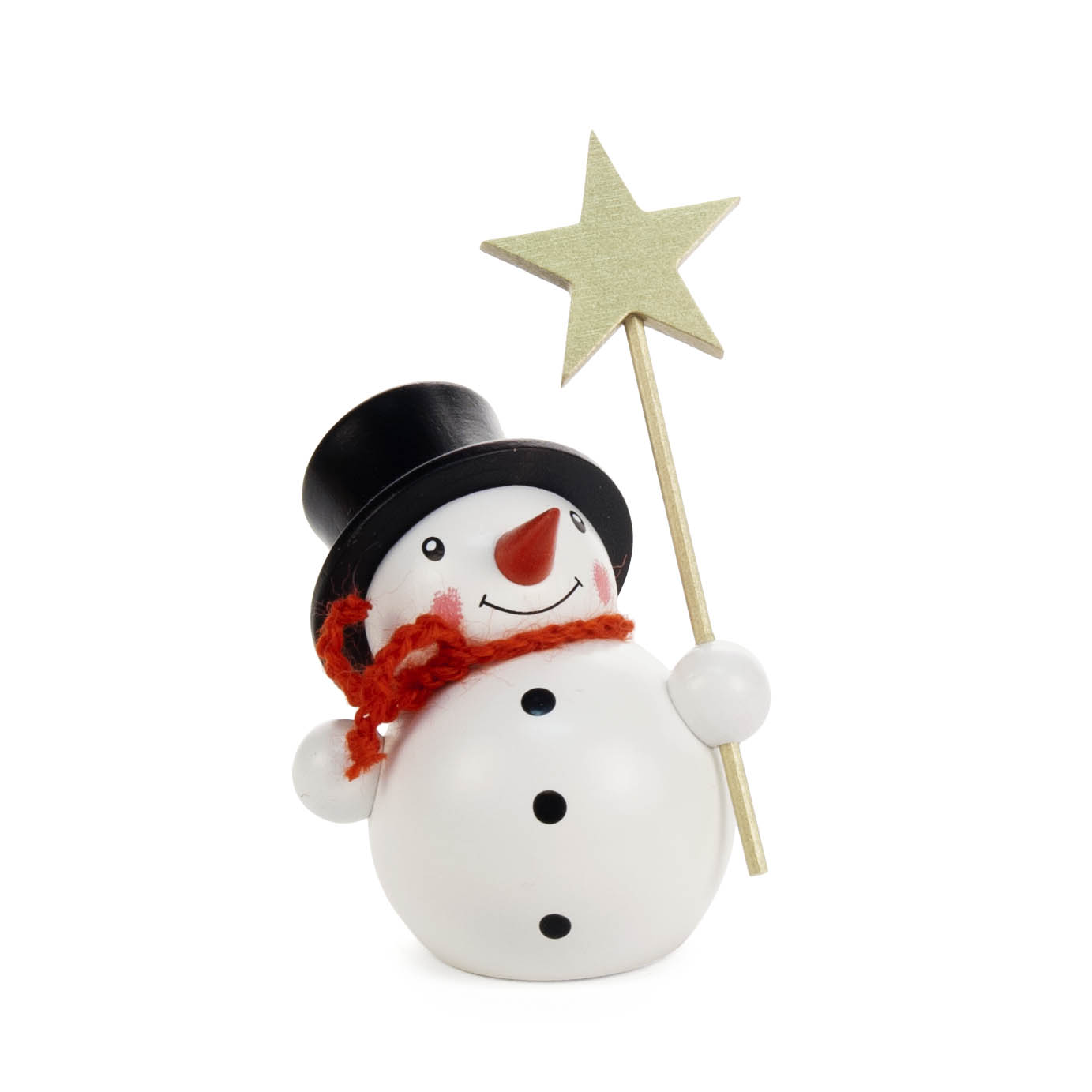Ein lächelnder, weißer Schneemann mit schwarzem Zylinder und rotem Schal hält einen goldenen Sternstab in der Hand. im Dregeno Online Shop günstig kaufen