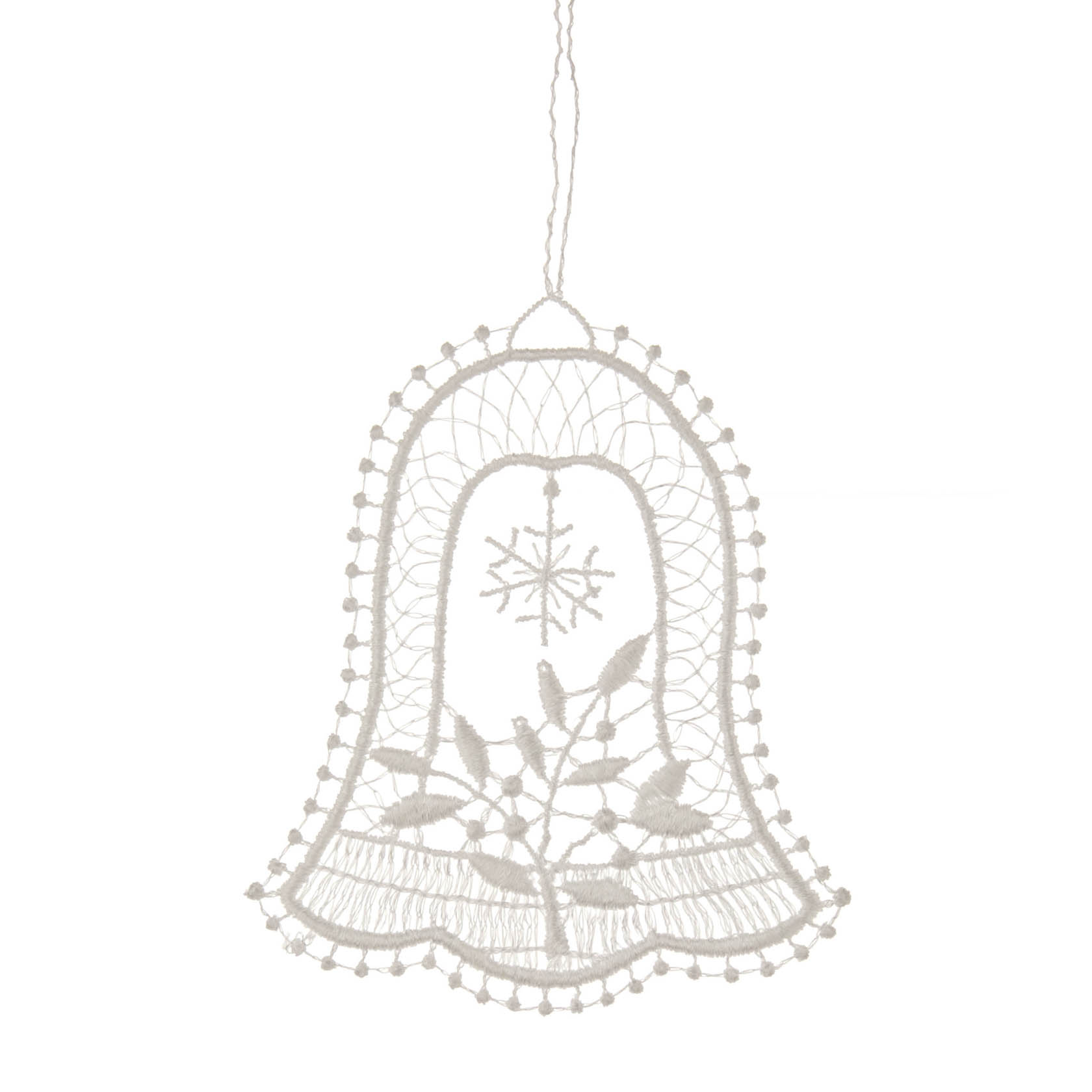 Weiße Spitze in Form einer Glocke mit Mistelzweig und Schneeflocke als Dekor im Dregeno Online Shop günstig kaufen