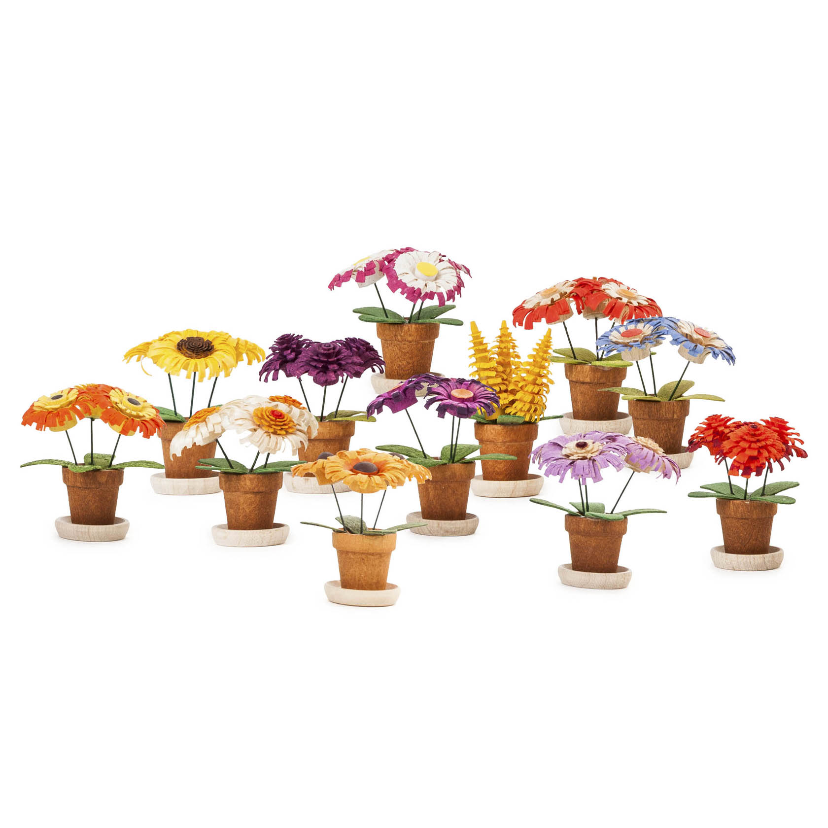 Zwölf kleine Blumentöpfe mit farbenfrohen, handgefertigten Blumen in verschiedenen Farben, darunter Gelb, Rot, Weiß, Rosa und Lila. im Dregeno Online Shop günstig kaufen