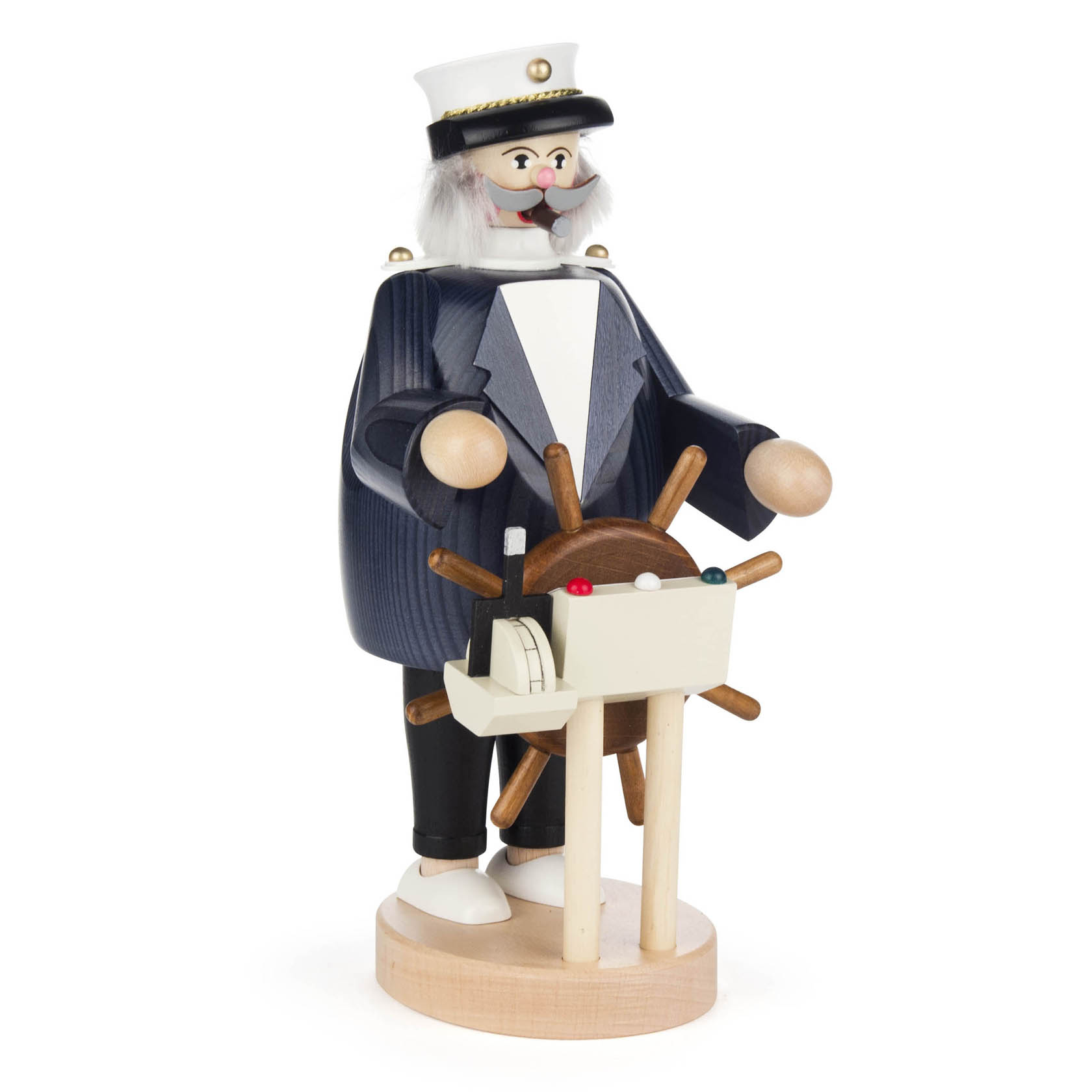Holzfigur eines Kapitäns mit weißem Bart und Mütze, die an einem Steuerrad steht. Der Kapitän trägt eine blaue Uniform und hält eine Pfeife im Mund. im Dregeno Online Shop günstig kaufen