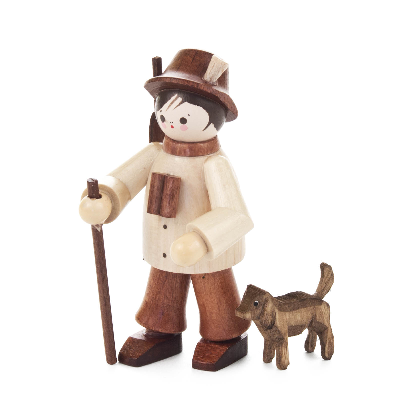 Holzfigur eines Försters mit braunen Hut, hellem Mantel, Spazierstock und kleinem braunen Hund. im Dregeno Online Shop günstig kaufen