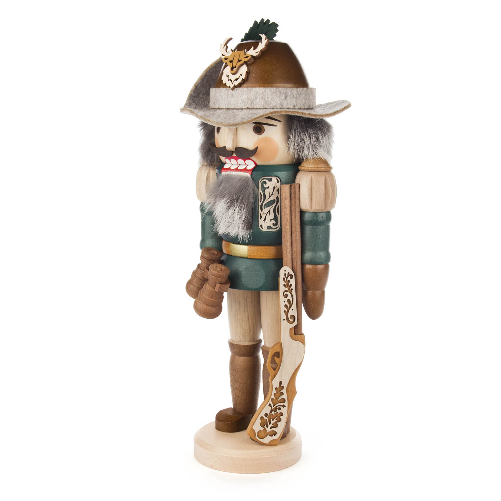 Holzfiguren Nussknacker in Förster-Outfit, 40 cm hoch, mit grüner Kleidung, braunem Hut mit Feder, Gewehr und traditionellem Schnitzwerk.