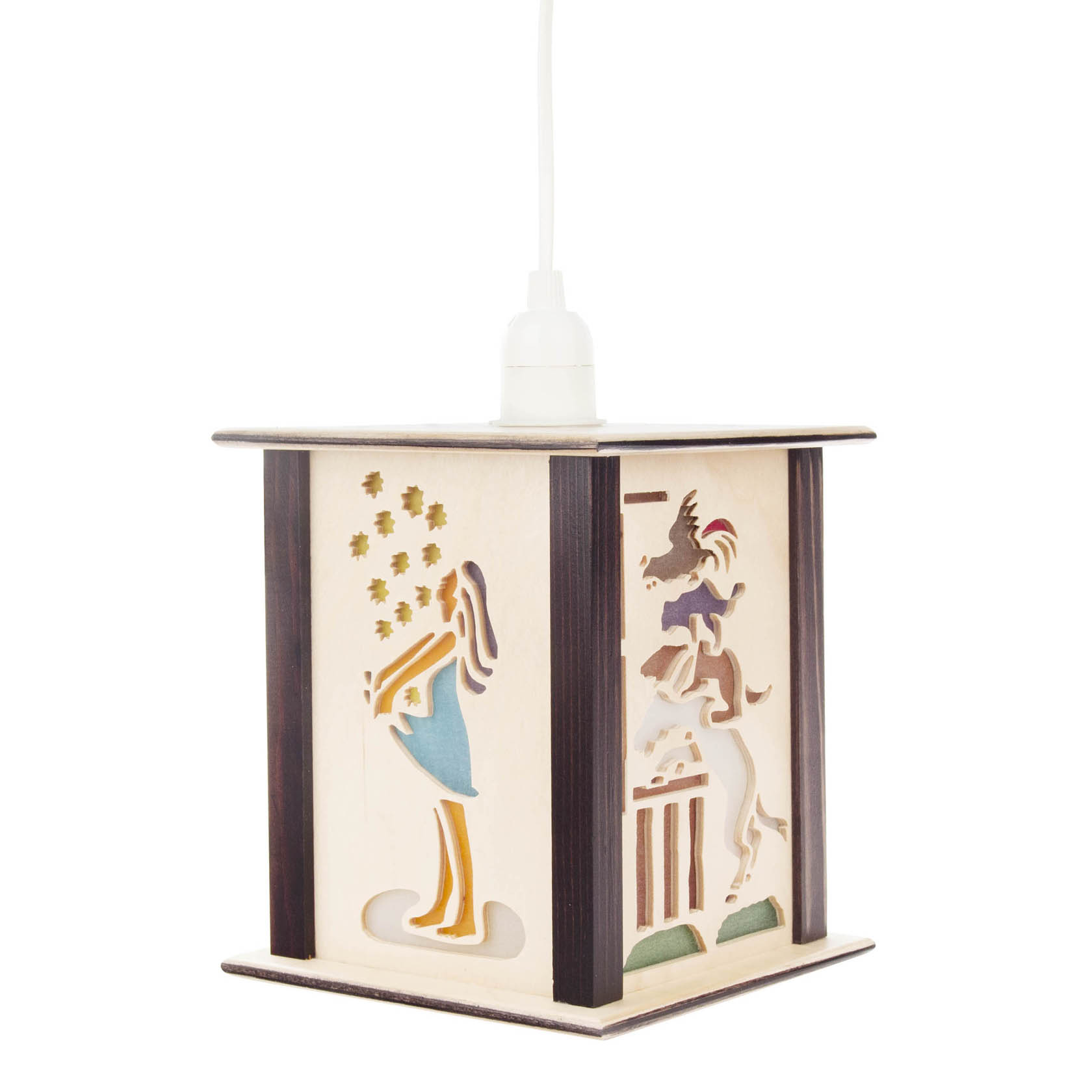 Hängelaterne mit Märchenmotiven: eine Prinzessin mit Sternen und die Bremer Stadtmusikanten auf einer Seite, aus Holz gefertigt, mit farbigen Details. im Dregeno Online Shop günstig kaufen