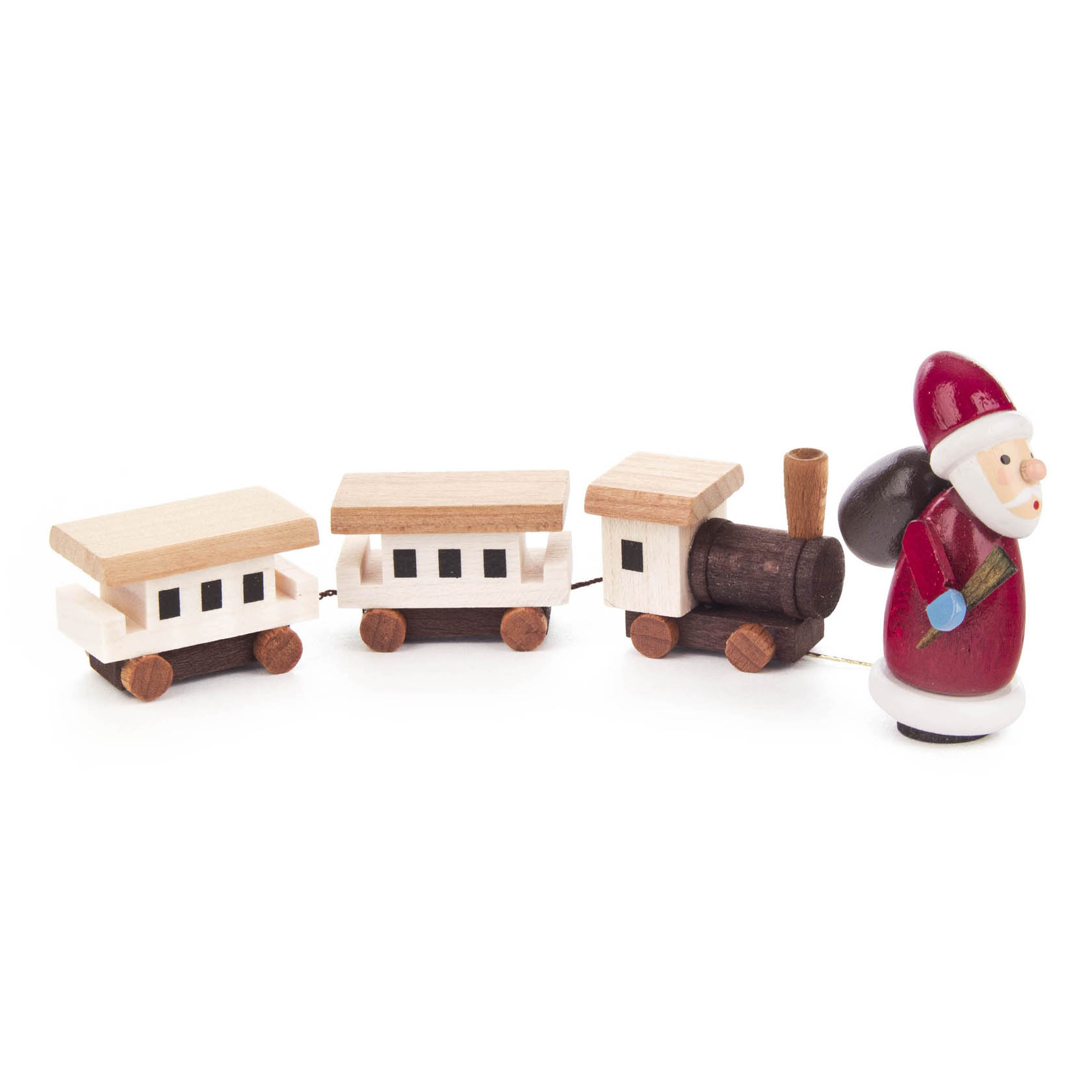 Holzfigur Ruprecht mit rotem Mantel und Mütze, hält Spielzeug-Eisenbahn mit zwei Wagen und Lokomotive aus Holz. im Dregeno Online Shop günstig kaufen