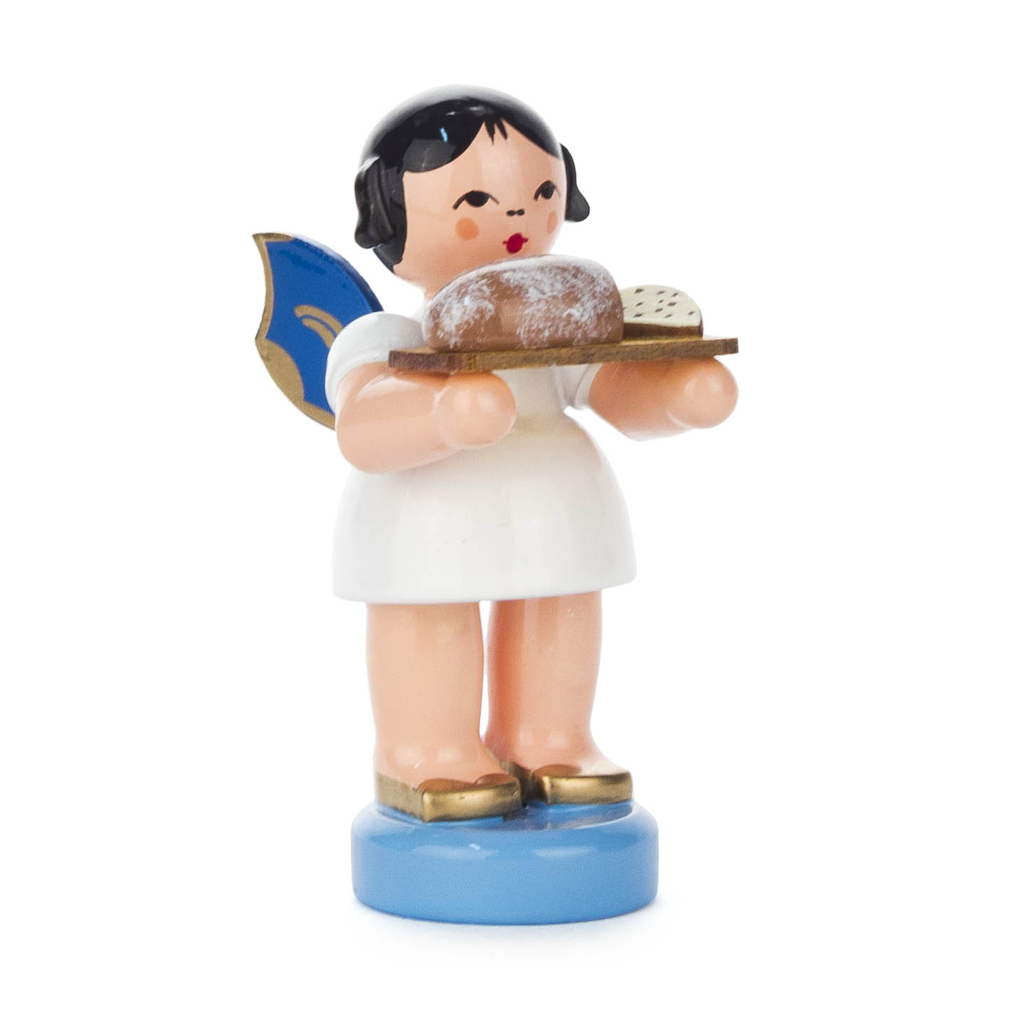 Holzfigur eines Engels mit blau-goldenen Flügeln, der ein Stollenbrett mit Stollenscheiben trägt. im Dregeno Online Shop günstig kaufen