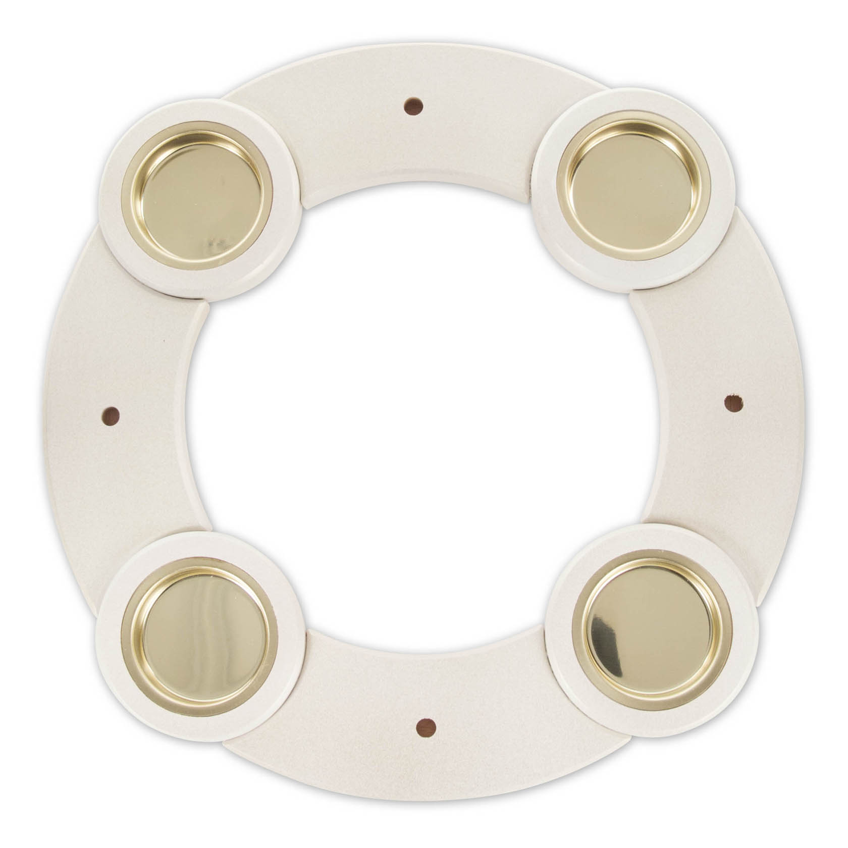 Ein runder Vario-Tischleuchter aus weißem Material mit goldenen Einsätzen für vier Teelichter, 24 cm Durchmesser. im Dregeno Online Shop günstig kaufen