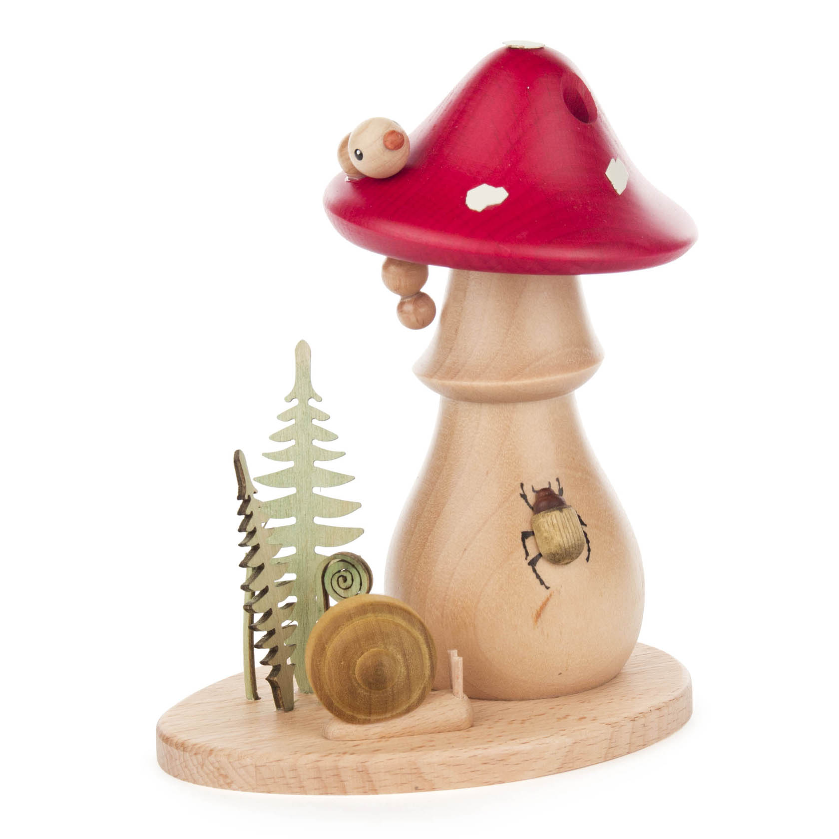 Handgefertigter Räucherpilz in Form eines Fliegenpilzes mit rotem Hut, verziert mit einer kleinen Holzschnecke und einem Käfer. im Dregeno Online Shop günstig kaufen